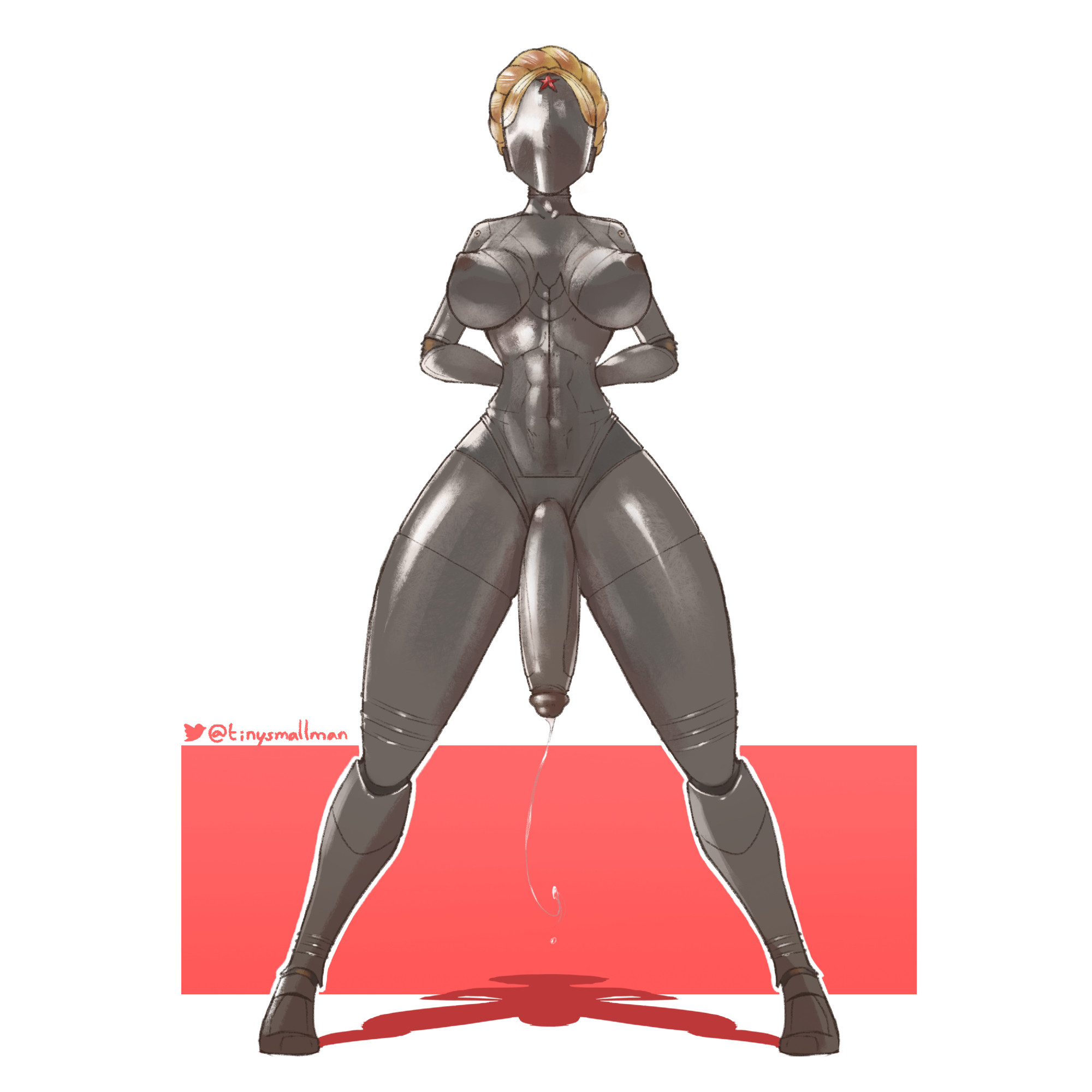 1futa, areolae, atomic heart, balls, big breasts, big penis, breasts, erection, female, futa only, futanari, humanoid, intersex, nipples, nude, penis, precum, robot girl, standing, tagme, the twins (atomic heart), tinysmallman