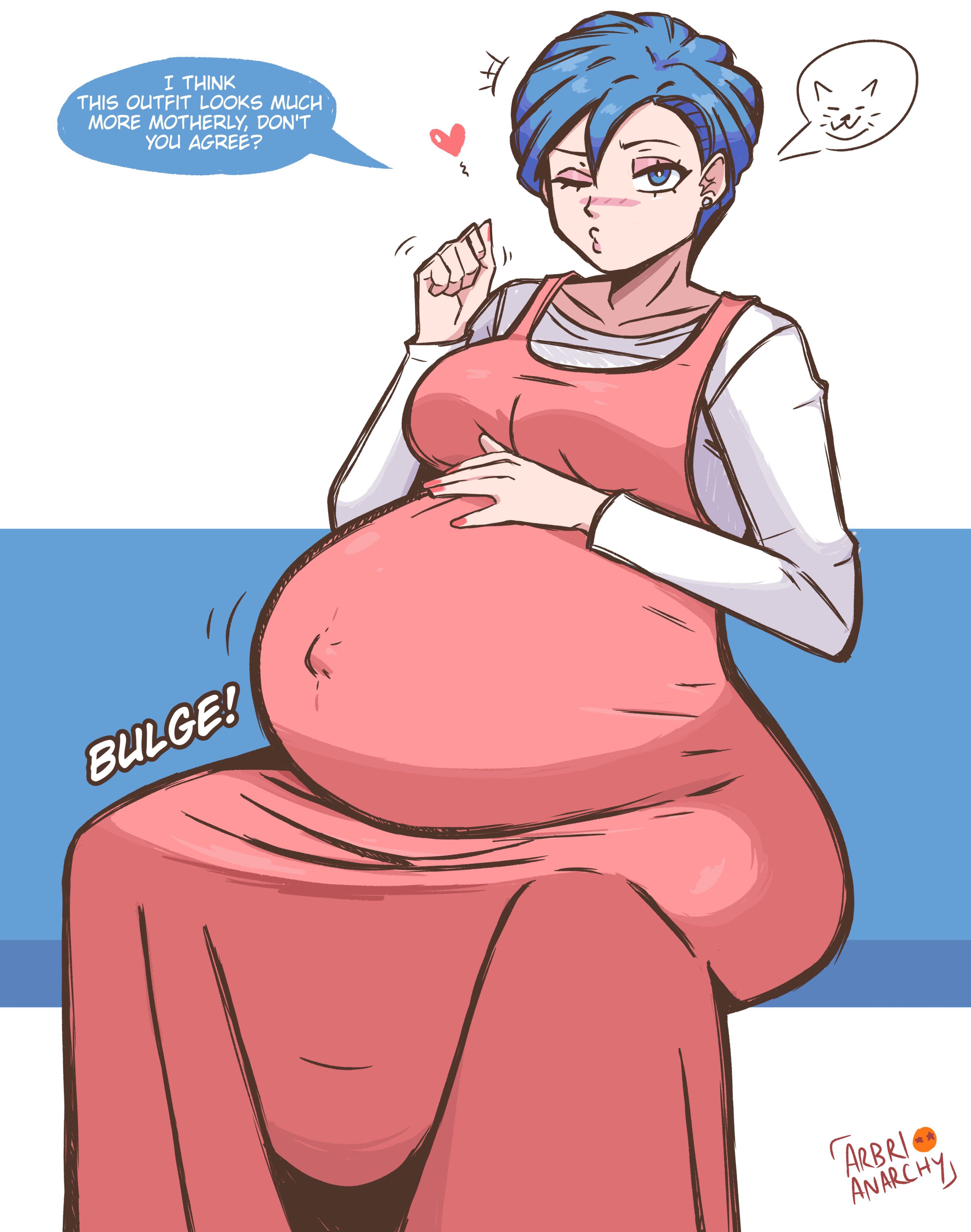 1girls, arbrianarchy, belly, big belly, blowing kiss, blue eyes, blue hair, bulma (dragon ball), bulma briefs, canon pregnancy, clothed, dragon ball, dragon ball super, english text, female, hand on belly, maternity clothes, maternity dress, nails painted, pregnant, pregnant female, solo