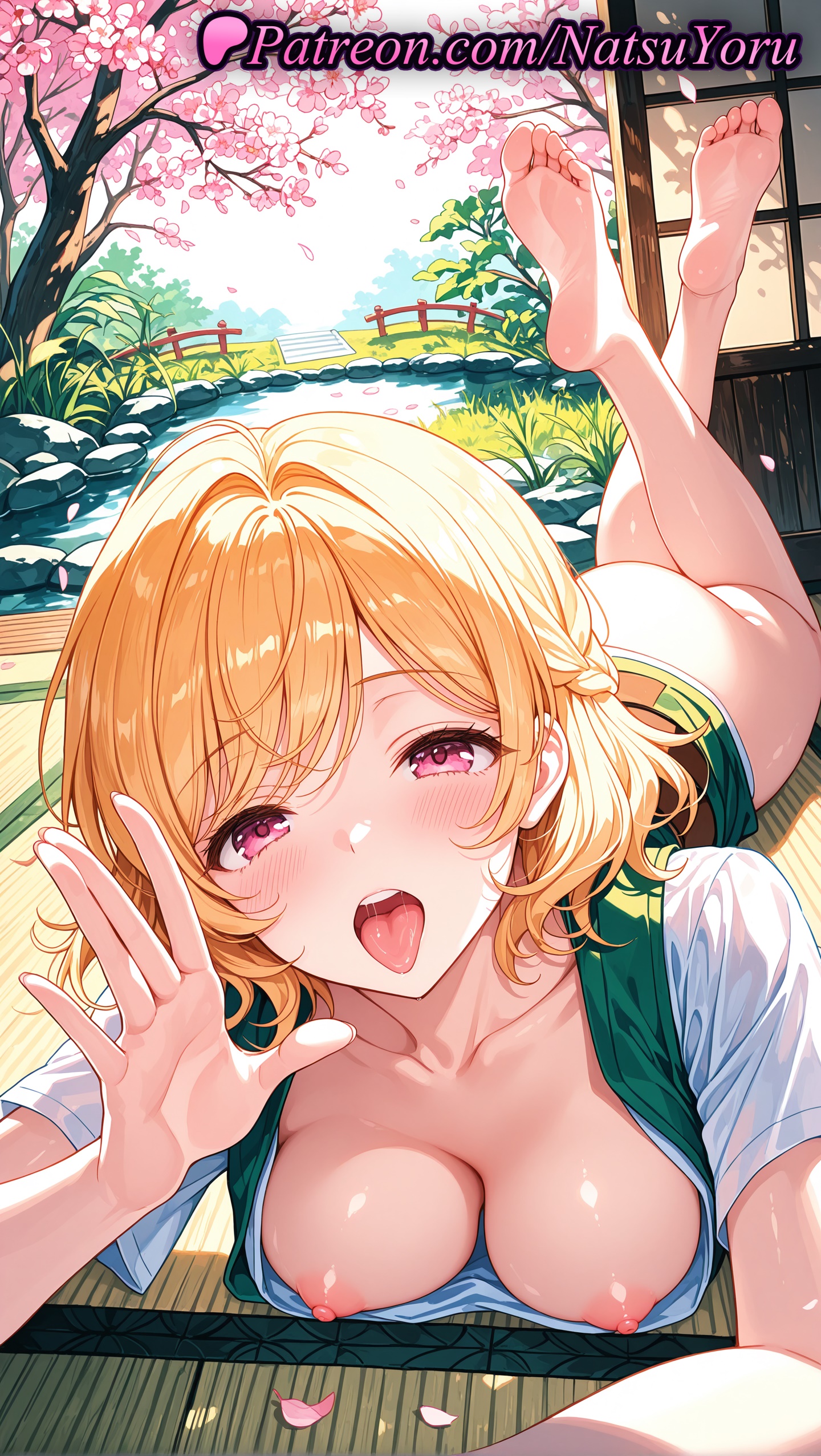 1girls, 2025, ai assisted, ai generated, anime, anime style, ass, bangs, barefoot, blonde hair, blush, bottomless, braid, breasts, breasts out, bridge, bust, busty, cherry blossoms, cleavage, collarbone, crossed legs, day, downblouse, east asian architecture, feet, feet up, female, female focus, female only, foot fetish, french braid, hi res, high quality, high resolution, highres, indoors, kanojo okarishimasu, large breasts, legs, legs up, looking at viewer, lying, medium breasts, nanami mami, natsuyoru, nipple slip, nipples, nipples outside, no bra, non-asian, on stomach, open mouth, orange hair, oshiri, outdoors, patreon, petals, pink eyes, purple eyes, saliva, shiny skin, shirt, short hair, short sleeves, soles, solo, solo female, stable diffusion, tatami, teeth, the pose, thighs, toes, tongue, tongue out, tree, uncensored nipples, upper teeth, voluptuous, voluptuous female, water, white shirt