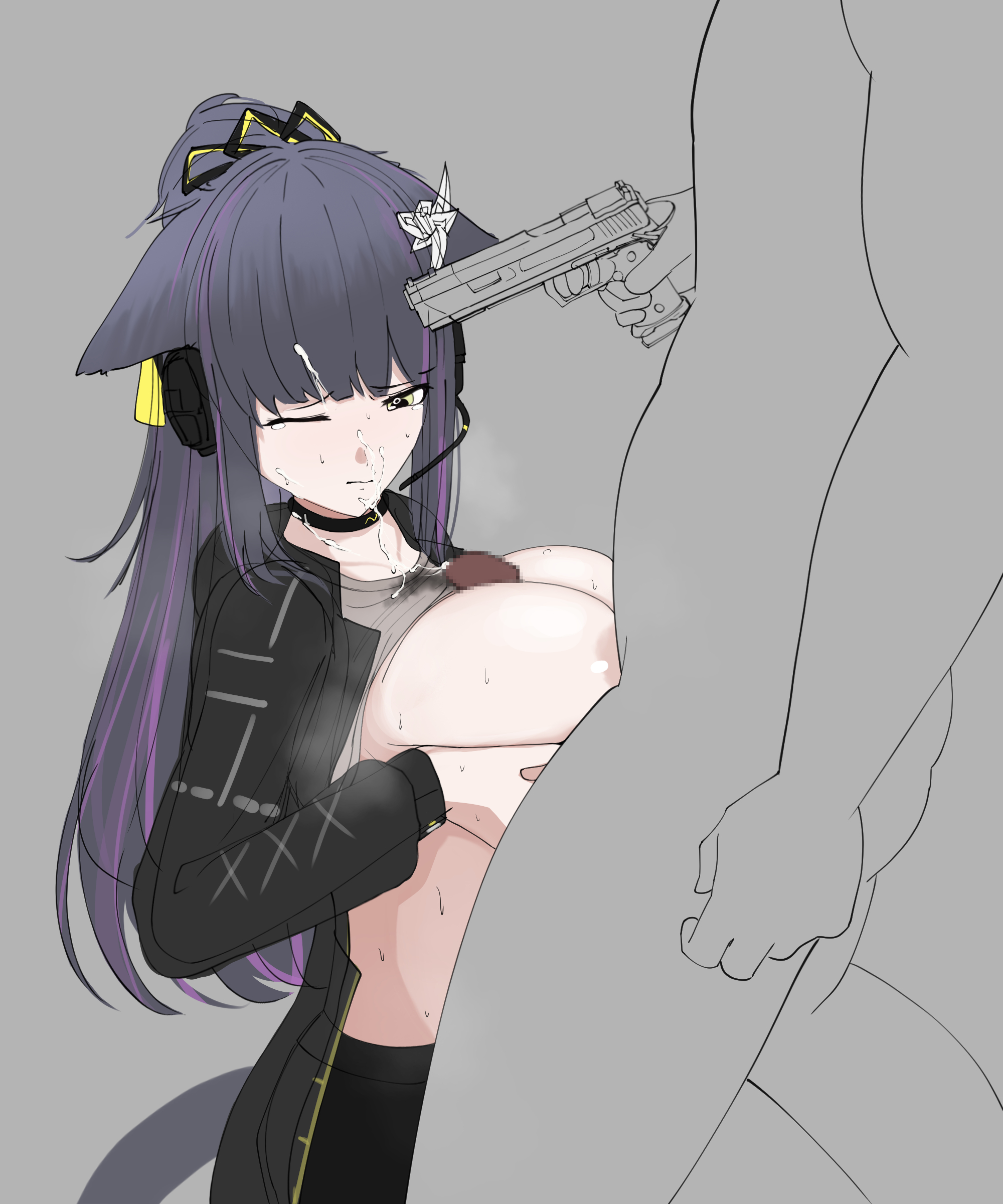 arknights, baron kinoko, breasts, faceless male, female, forced, forced titjob, gun to head, heroine in trouble, huge breasts, jessica (arknights), kemonomimi, male, maledom, paizuri, rape, topless, weapon