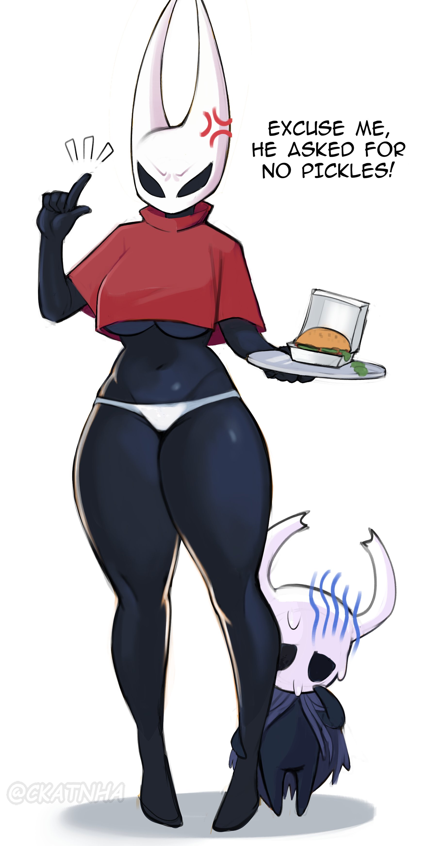 1boy, 1girls, angry, anthro, big breasts, bigger female, breasts, ckatnha, clothed, clothed female, couple, female, he asked for no pickles, height difference, hollow knight, hornet (hollow knight), larger female, male, meme, shorter male, size difference, smaller male, the knight (hollow knight), underwear, white underwear