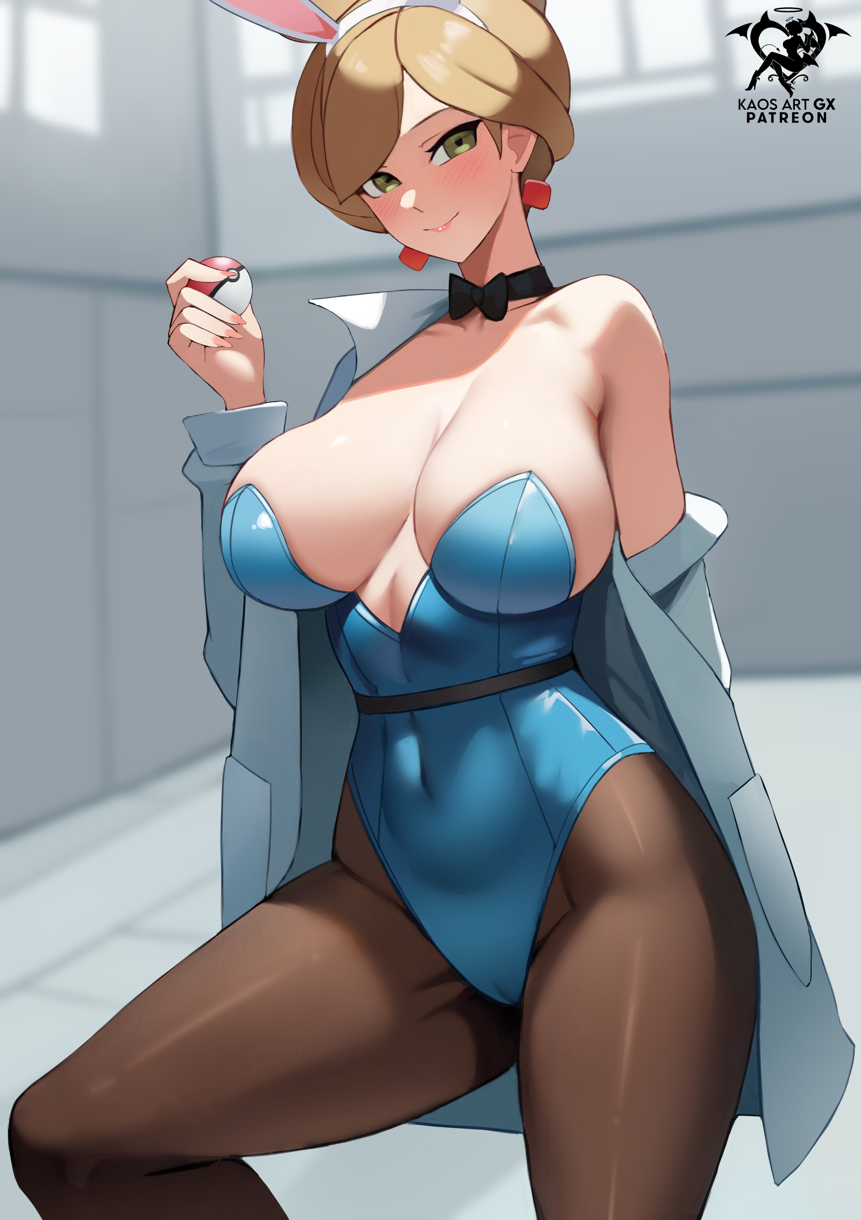 1girls, absurd res, ai generated, aurea juniper, breasts, bunny ears, bunnysuit, cameltoe, cleavage, female, female focus, female only, hi res, kaos art, large breasts, light skin, light-skinned female, looking at viewer, mature female, pokemon, pokemon bw, pussy, solo, thighs