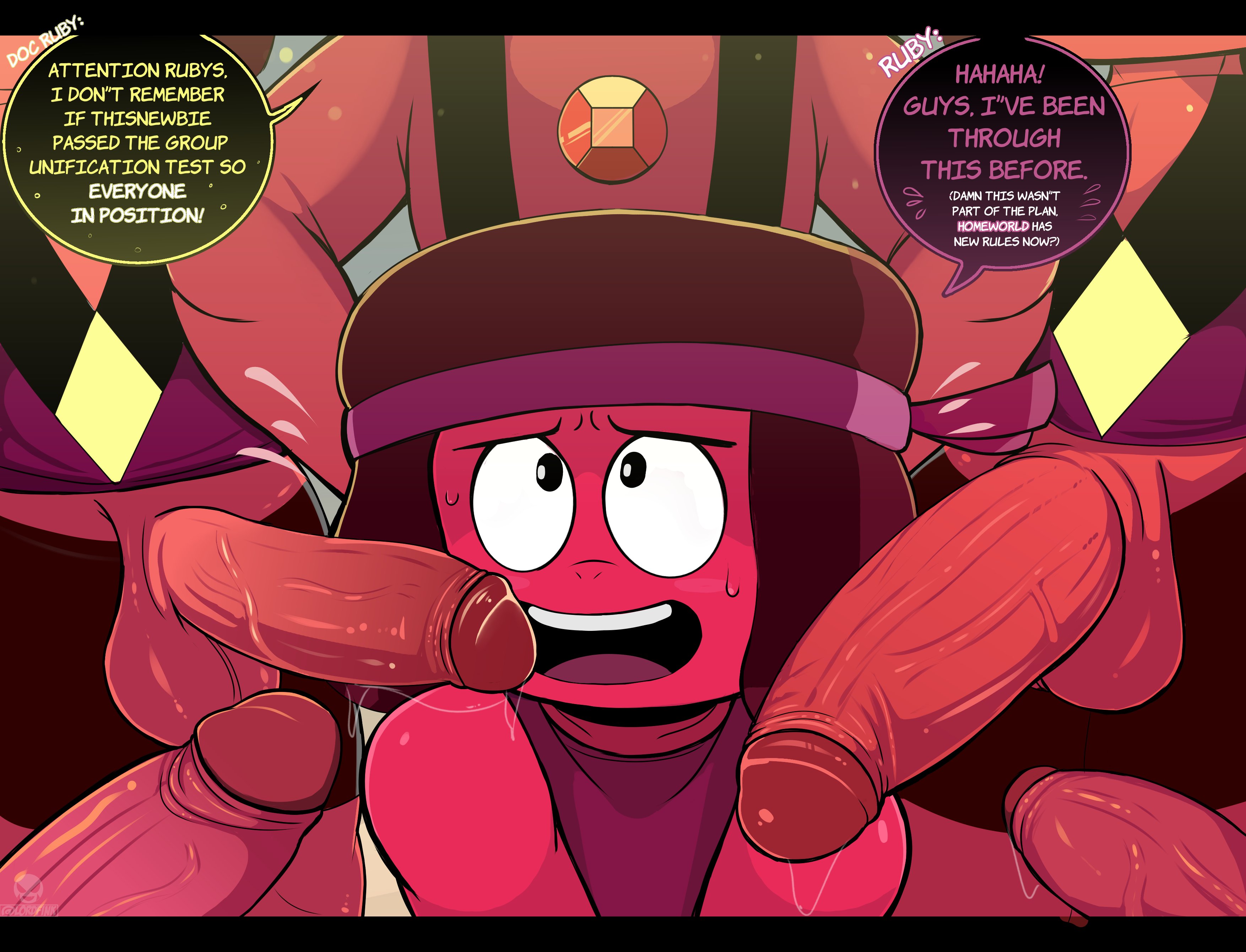 6futas, 6girls, army (steven universe), balls, big balls, big penis, brown hair, clothed, clothing, dialogue, doc (steven universe), eyeball (steven universe), female, futa on futa, futa only, futanari, gangbang, gem (species), headband, imminent sex, intersex, leggy (steven universe), lordfink, multiple females, multiple futa, multiple girls, navy (steven universe), nervous, nervous smile, penis, red skin, ruby (steven universe), ruby squad, speech bubble, steven universe, surrounded by penises, sweat, sweaty
