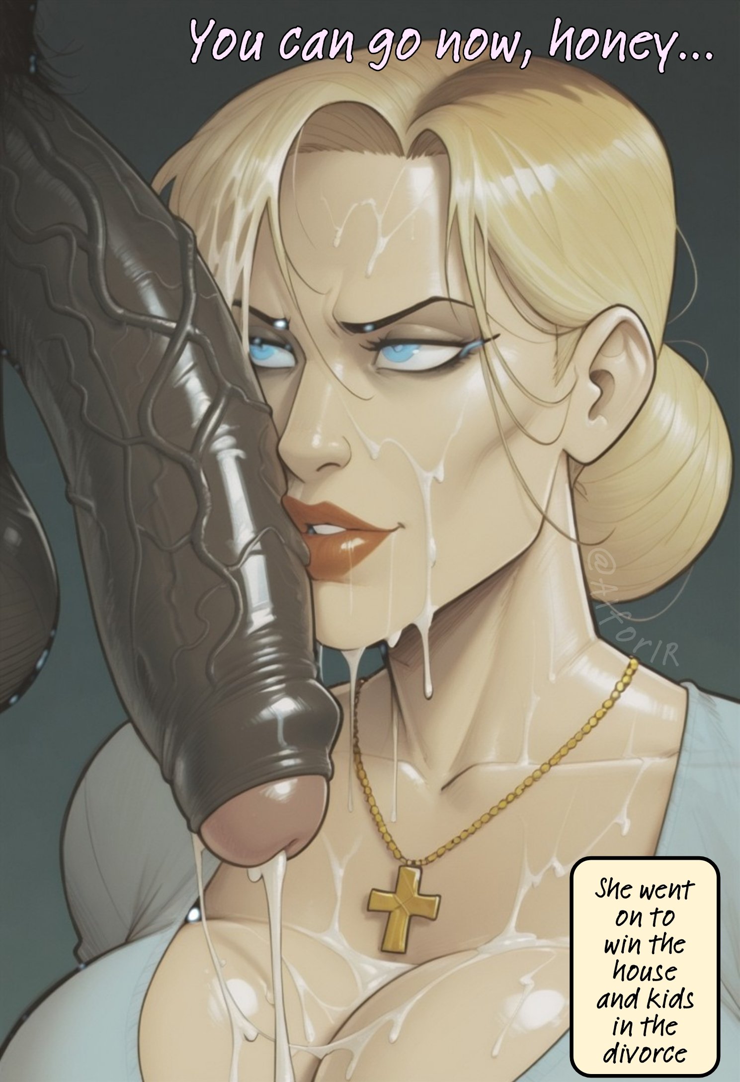 1boy, 1girls, ai generated, aiforir, big penis, blonde hair, breasts, cheating, cheating wife, cross, cuckold, cum, cum on face, dark skin, dark-skinned male, english text, female, foreskin, interracial, large breasts, looking at penis, male, penis, text, uncircumcised, uncut