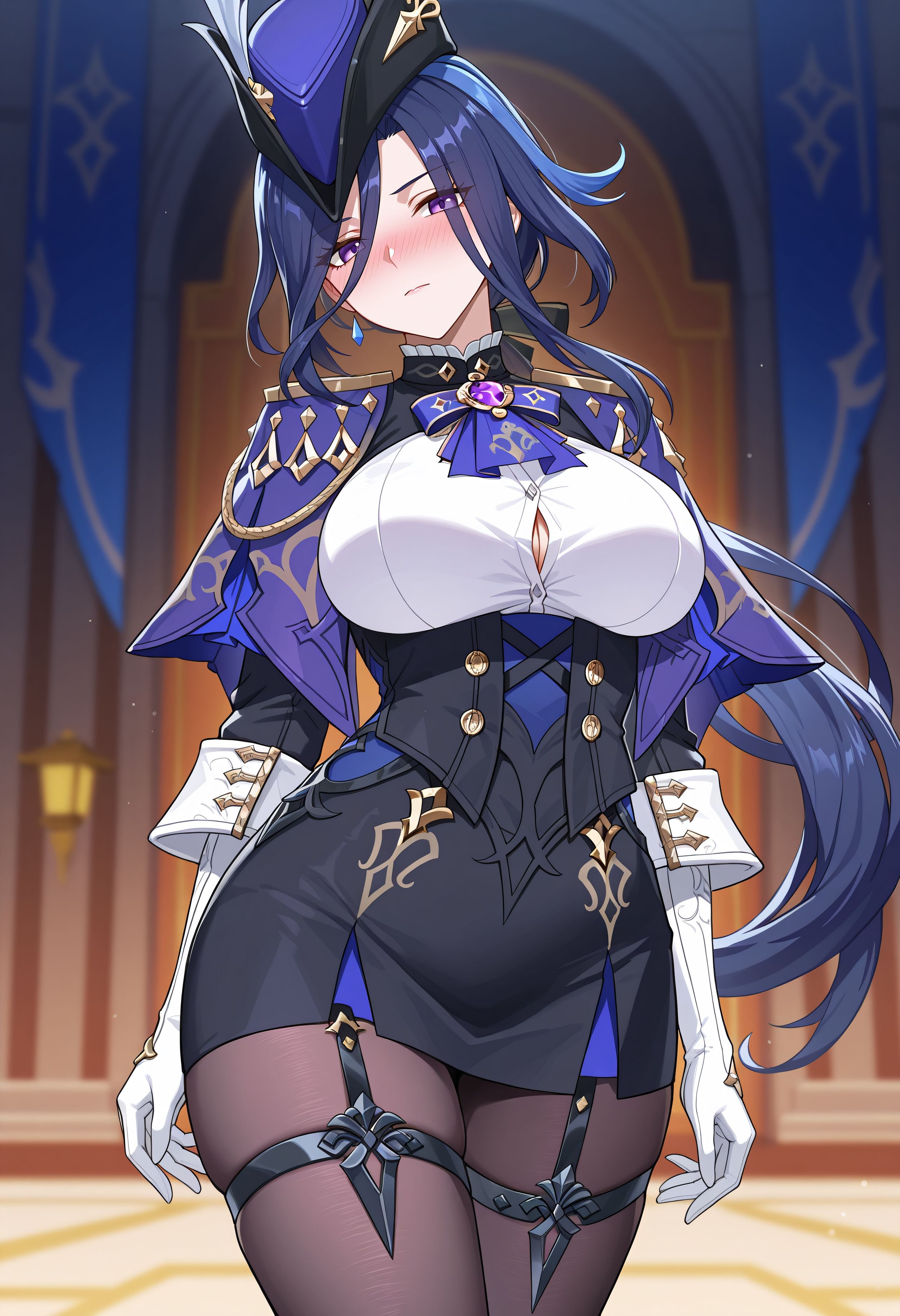 1girls, ai generated, ascot, black corset, black pantyhose, black skirt, blue ascot, blue cape, blue hair, blue headwear, blurry, blurry background, blush, bow, breasts, button gap, cape, capelet, clorinde (genshin impact), closed mouth, corset, cowboy shot, dark blue hair, elbow gloves, epaulettes, female, female only, genshin impact, gloves, hat, hat feather, jewelry, large breasts, long hair, long sleeves, looking at viewer, low ponytail, pantyhose, pencil skirt, purple eyes, shadowrealmarts, shirt, skirt, solo, standing, taut clothes, taut shirt, thigh strap, thighs, tricorne, uncensored, very long hair, vision (genshin impact), white gloves, white shirt