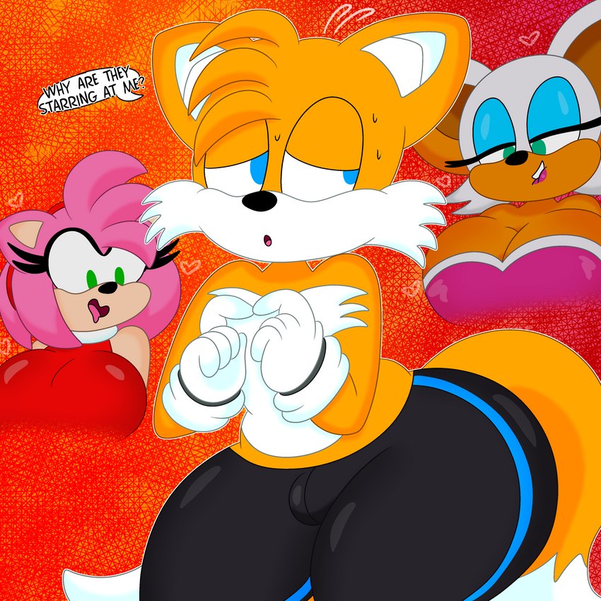 1boy, 2girls, 3barts, amy rose, anthro, bat, big breasts, breasts, female, femboy, femdom, feminine tails, furry, hedgehog, leggings, male, male focus, malesub, miles tails prower, nervous, nervous sweat, rouge the bat, sonic (series), staring, tails, tails the fox, wide hips