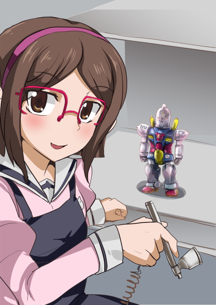 airbrush apron blush brown_eyes brown_hair dress female glasses gundam gundam_build_fighters hair_ornament hairband kousaka_china looking_at_viewer pointy_chin school_uniform short_hair silly_(marinkomoe) smile solo