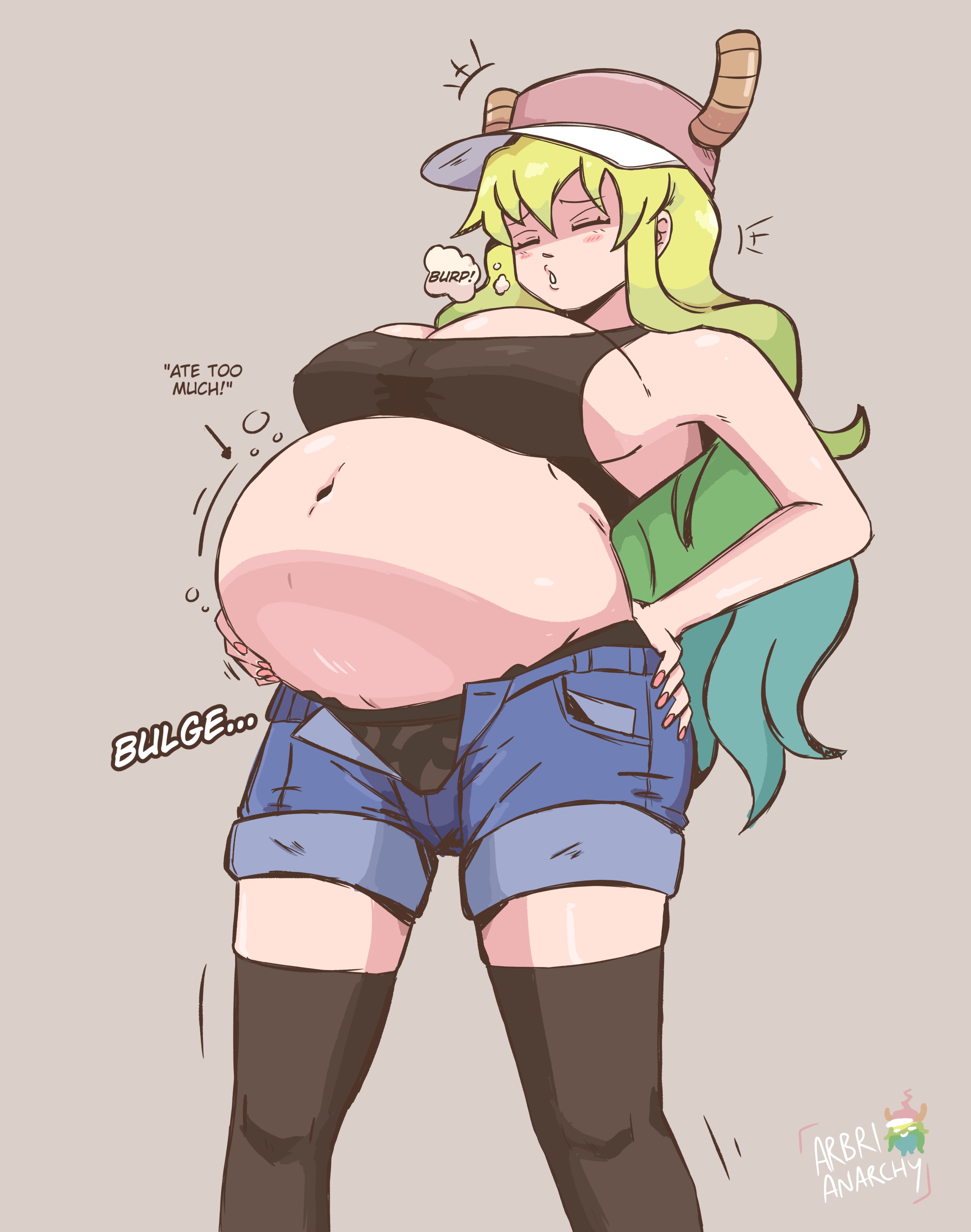 arbrianarchy, belly inflation, burping, female, hand on belly, kobayashi-san chi no maidragon, lucoa, lucoa (maidragon), miss kobayashi's dragon maid, stomach inflation, stuffed belly