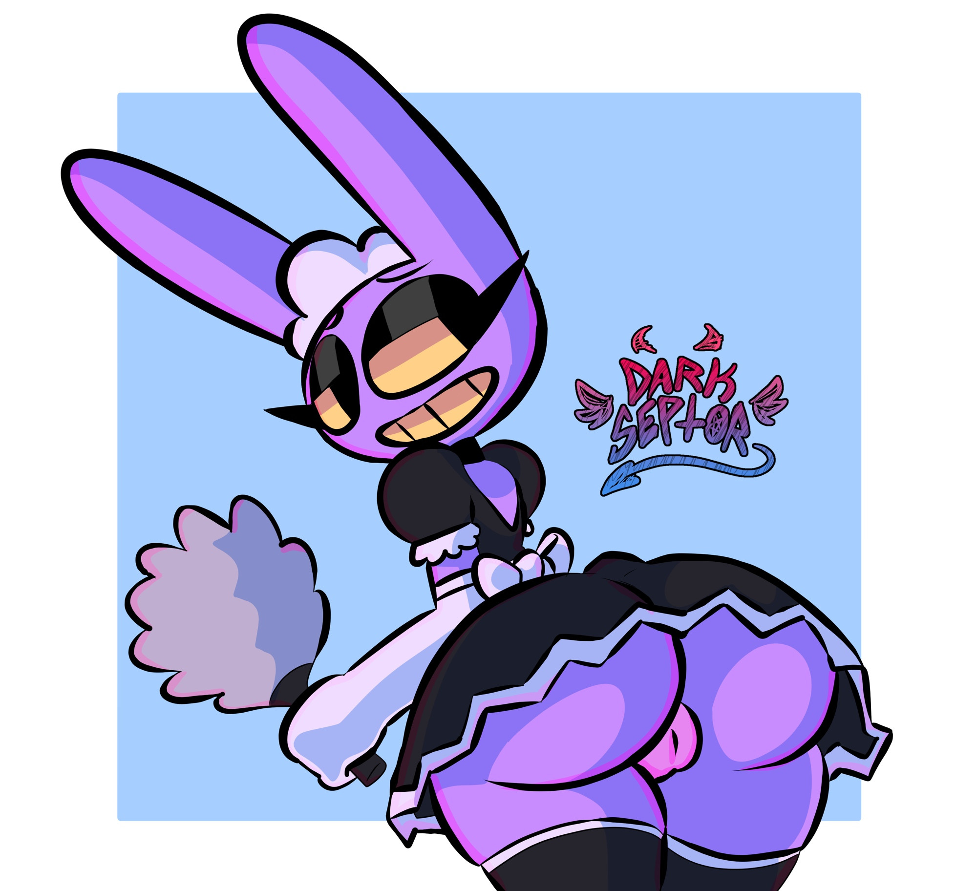 1boy, 2025, artist logo, artist name, ass, bunny boy, darkseptor, fat ass, glitch productions, grin, jax (the amazing digital circus), leaning, leaning forward, looking back, maid, maid gloves, maid jax (the amazing digital circus), maid uniform, male, male only, panties, purple body, solo, the amazing digital circus, thighhighs, yellow sclera