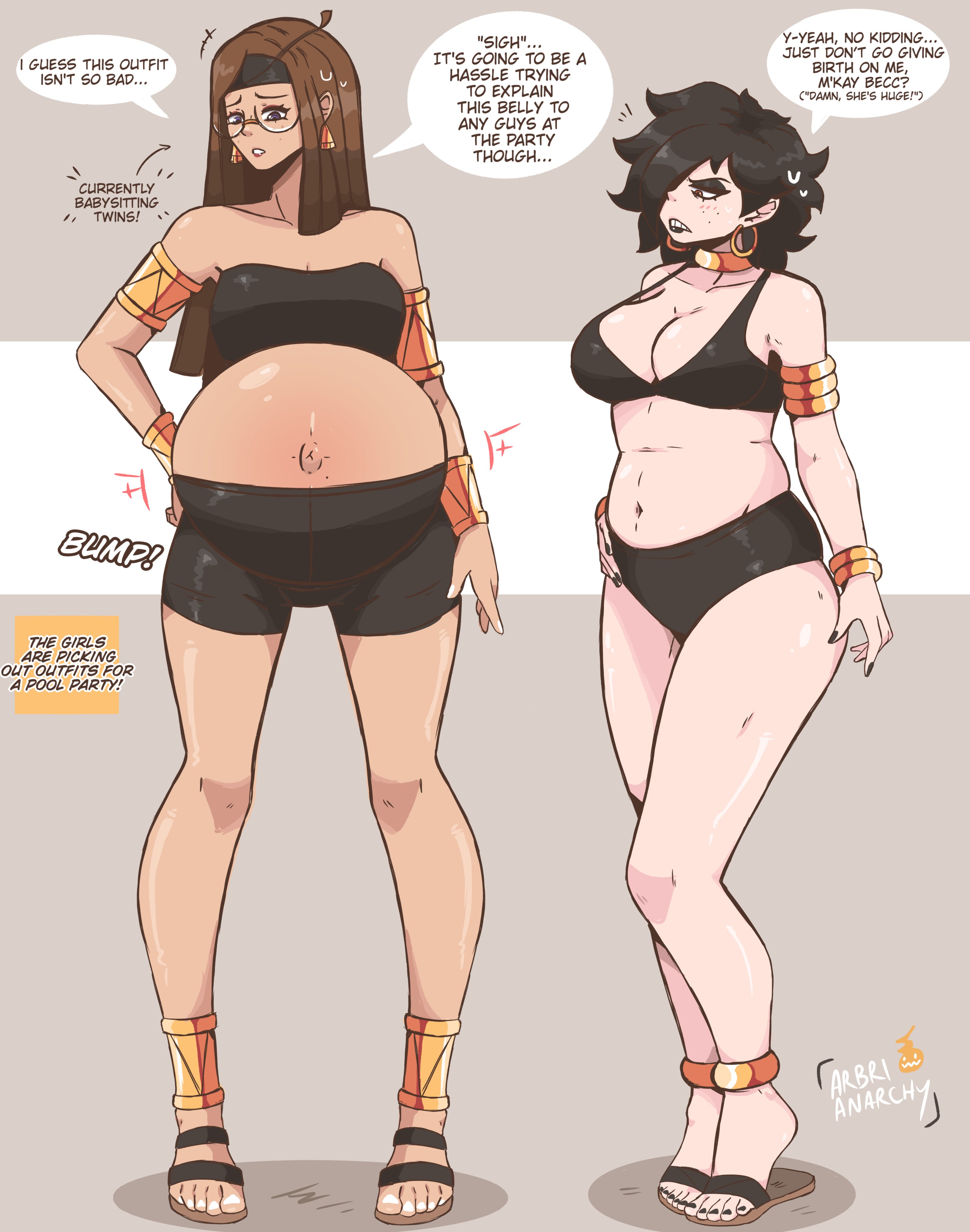 arbrianarchy, bare shoulders, chubby, chubby female, english dialogue, english text, female, pregnant, pregnant female, super belly, swimsuit, tagme, tubetop