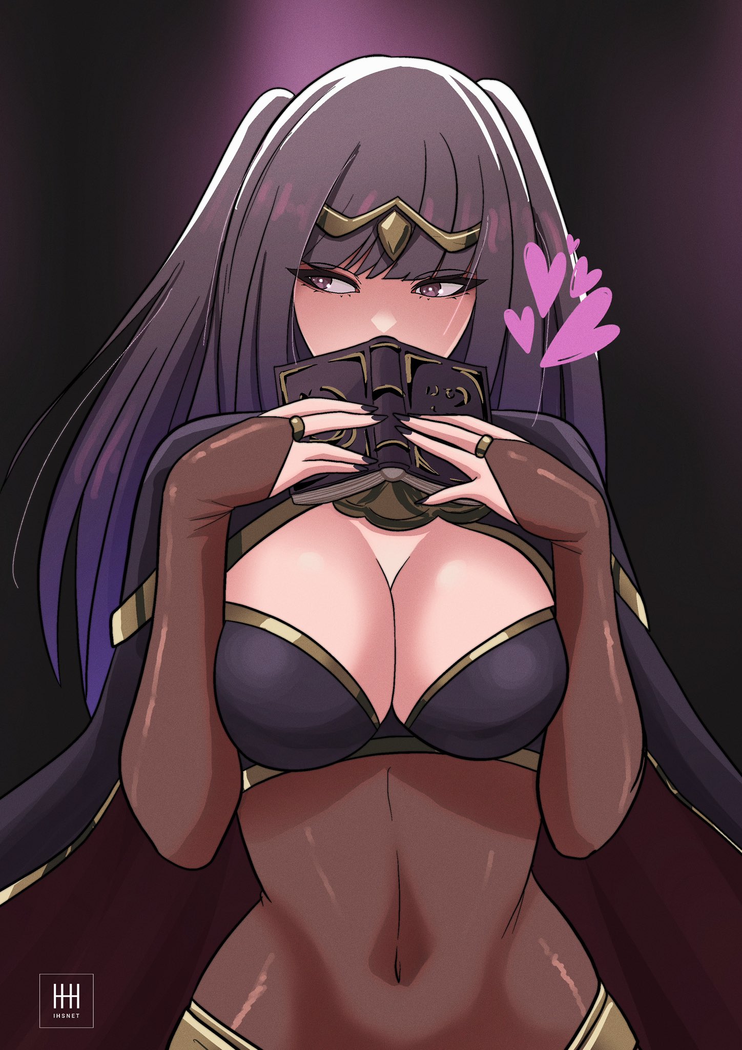belly, belly button, black fingernails, black hair, black nails, blush, bodystocking, book, breasts, bridal gauntlets, brown hair, cape, cleavage, female, fire emblem, fire emblem awakening, heart, heart symbol, hearts around head, hiding face, ihsnet, large breasts, purple eyes, tharja (fire emblem)