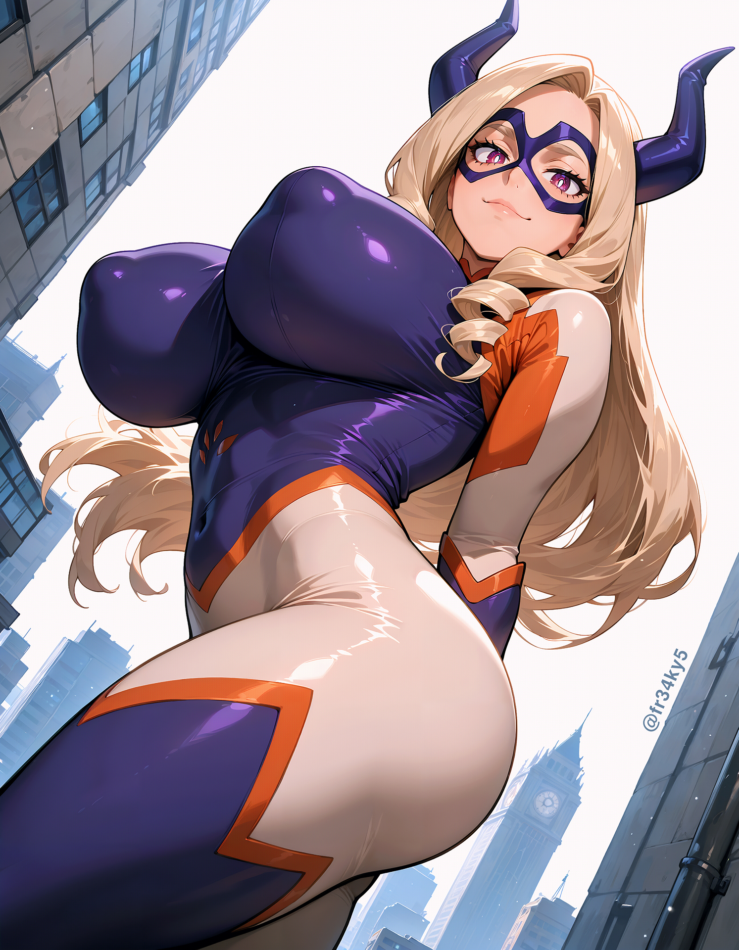 ai generated, bodysuit, breasts, covered nipples, domino mask, female, fr34ky, huge breasts, mount lady, my hero academia, perky breasts, skin tight, superheroine, yuu takeyama