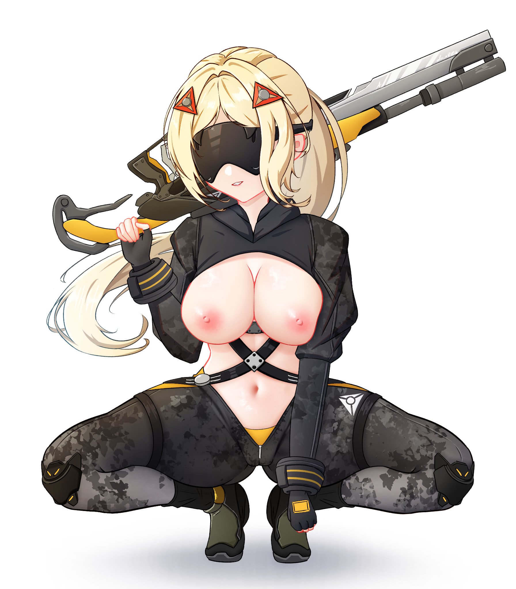blonde hair, eyes covered, hair ornament, hoyoverse, mihoyo, mostly clothed, partially clothed, ponytail, sniper rifle, squatting, trigger (zenless zone zero), zenless zone zero