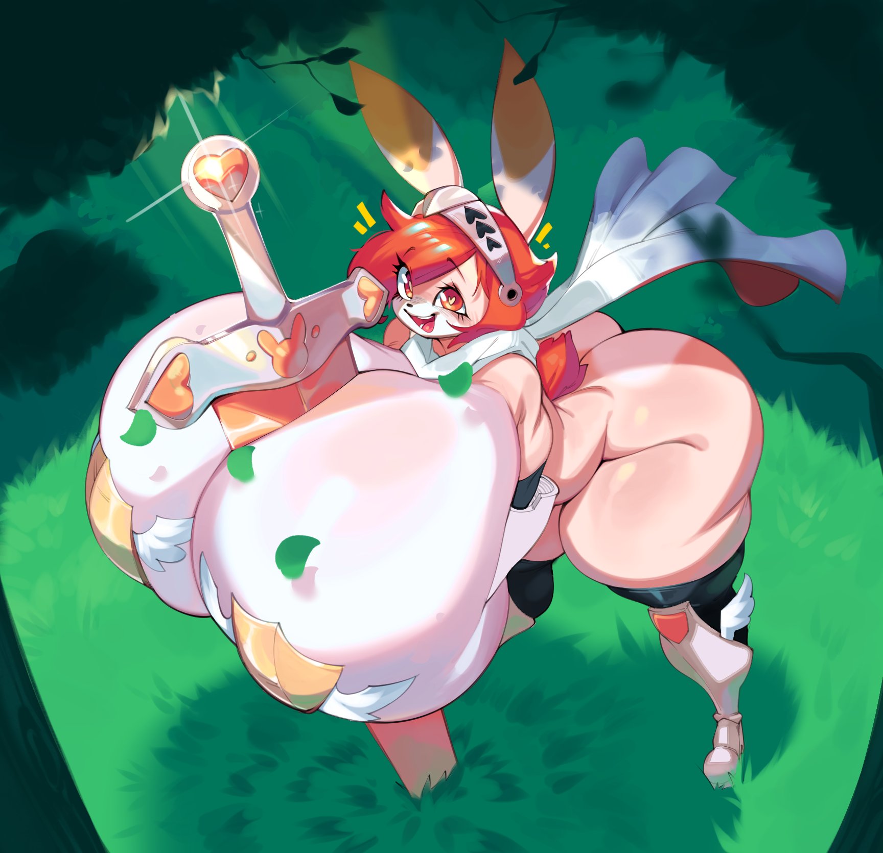 1girls, anthro, armor, ass, big ass, big breasts, big butt, boots, breasts, bulumble-bee, cape, clare (themushlord), clothing, female, footwear, gauntlets, gloves, hair, handwear, heart pupils, hi res, hourglass figure, huge ass, huge breasts, huge butt, huge thighs, hyper, hyper ass, hyper breasts, hyper hips, hyper hourglass, hyper thighs, knight, knight girl, lagomorph, legwear, leporid, mammal, melee weapon, mostly nude, object between breasts, object paizuri, orange eyes, orange hair, pasties, rabbit, shoes, solo, sword, sword between breasts, sword in ground, tan body, thick thighs, thigh highs, weapon, wide hips