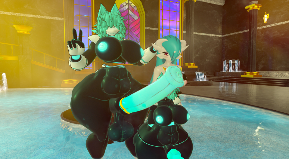 3d, big ass, big breasts, breasts, cock ring, futanari, gardevoir, hair over eyes, horsecock, huge ass, huge breasts, intersex, knot, palace, penis, spa, tasque manager (deltarune), vrchat