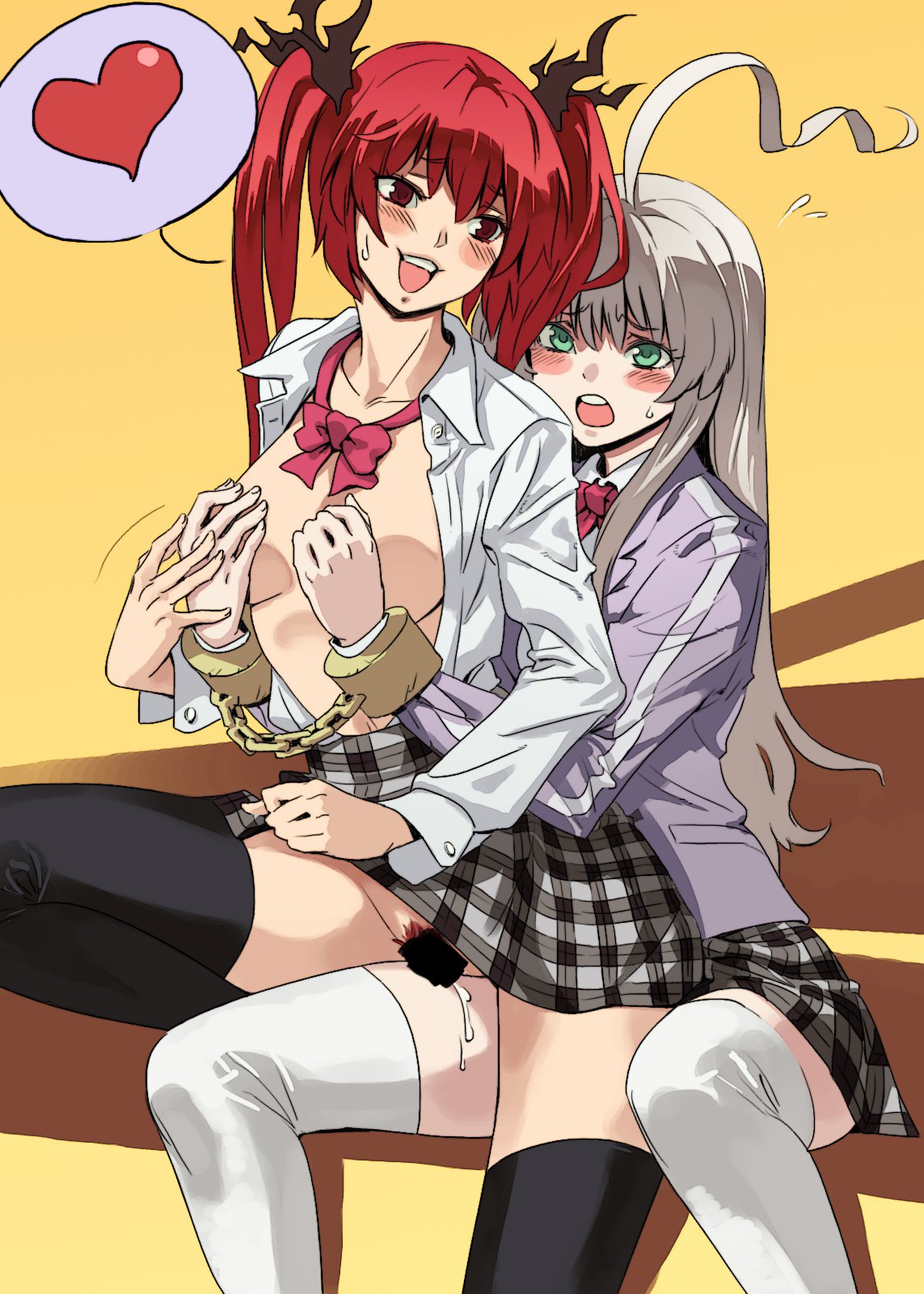 2girls ahoge archvermin black_legwear blush bound_wrists bowtie breast_grab censored cthugha_(nyaruko-san) expressive_hair female green_eyes grinding guided_breast_grab haiyore!_nyaruko-san heart highres huge_ahoge long_hair multiple_girls no_bra no_panties nyarlathotep_(nyaruko-san) open_clothes open_shirt outercourse plaid plaid_skirt pubic_hair pussy_juice_drip red_eyes red_hair shackle shirt silver_hair sitting sitting_on_lap sitting_on_person skirt spoken_heart sweatdrop thighhighs tied_hair twintails white_hair yuri