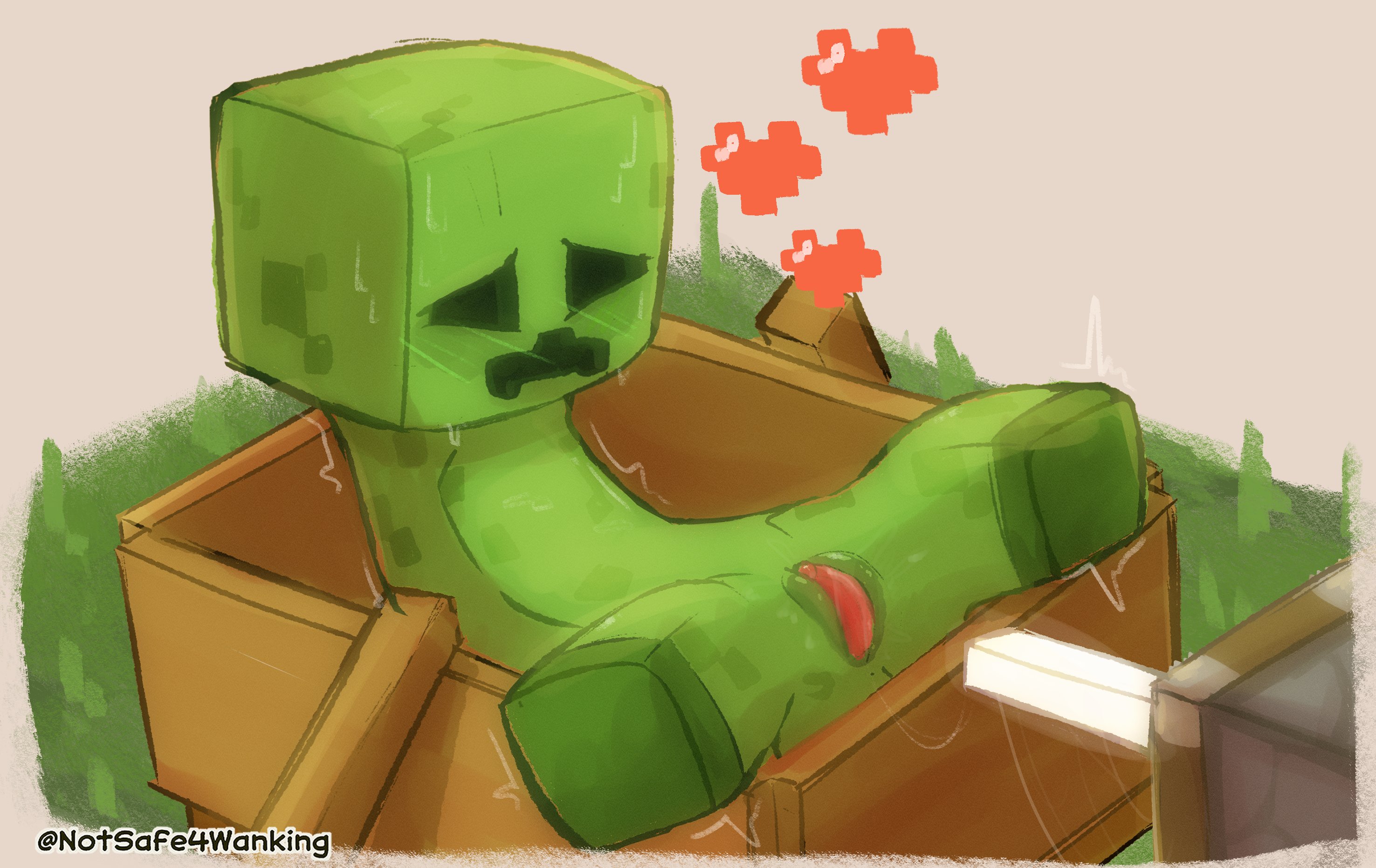 2d, 2d (artwork), 2d artwork, accurate body type, accurate proportions, armless, block, block head, blocky anatomy, blocky body, blush, blush lines, blushing, boat, creeper, creeper (minecraft), creeper girl, end rod, female, female only, grass, green body, green skin, heart, hearts around head, microsoft, minecraft, minecraft mob, minecraft sheep fucker machine, mojang, no arms, non-human, notsafeforwanking, penetration, pink pussy, piston (minecraft), pussy, pussy juice, pussy lips, rendered, shaded, solo, sweat, sweating, sweaty, vagina, vaginal penetration