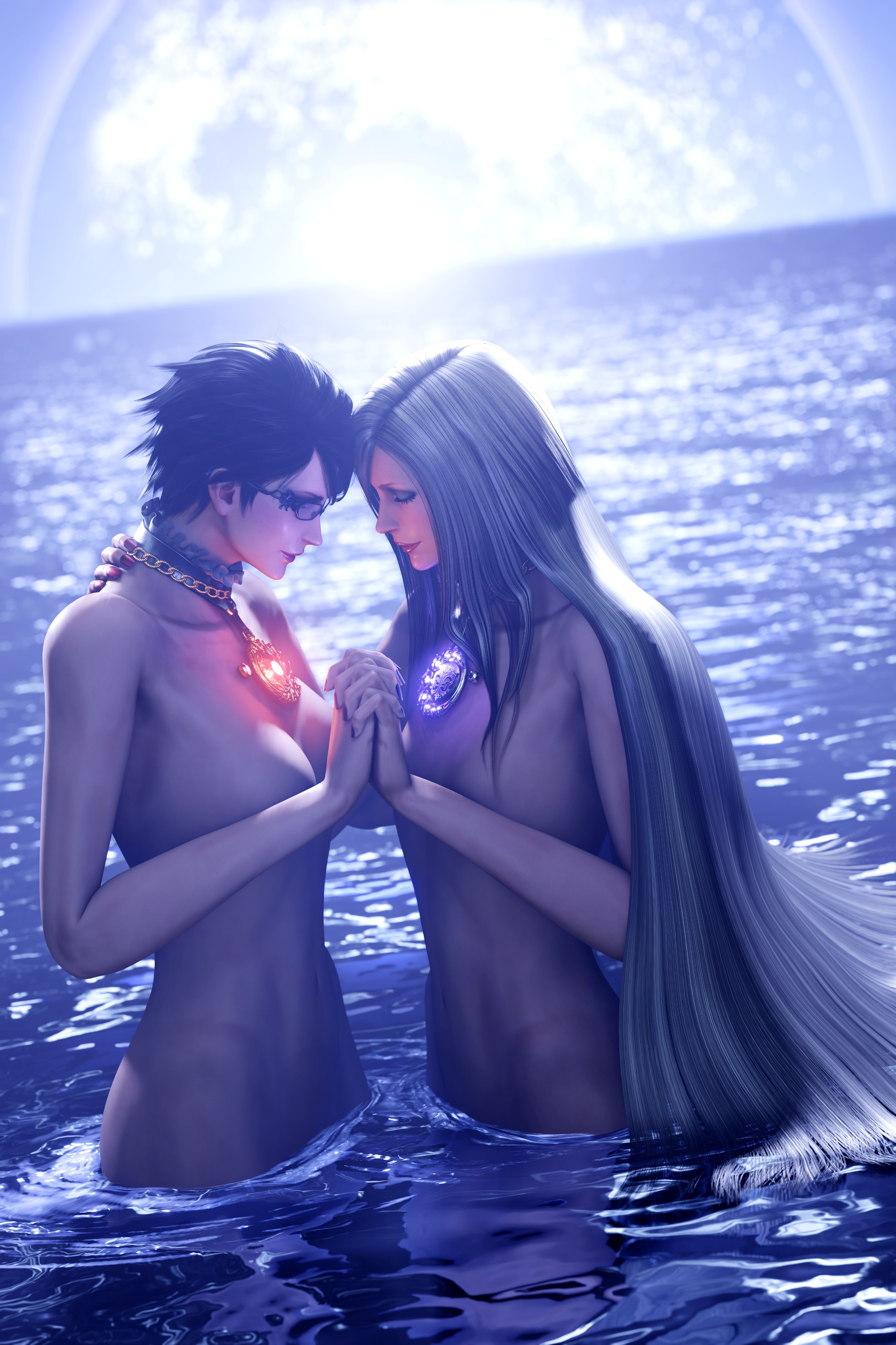 2girls, 3d, bathing, bayonetta, bayonetta (character), bayonetta 2, black hair, convenient censoring, convenient censorship, duo, female, glasses, holding hands, in water, jeanne (bayonetta), jrizzo, long hair, naked, naked female, necklace, nude, platinum games, short hair, white hair, wholesome, yuri