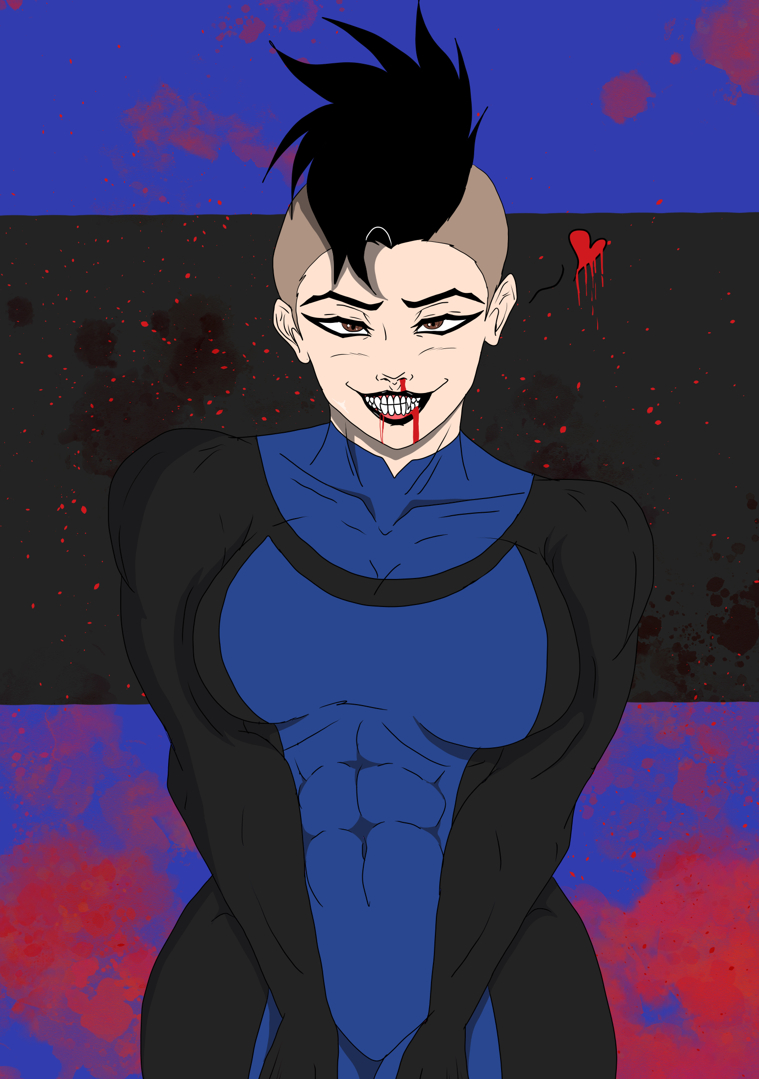abs, black hair, black lipstick, blood, brown eyes, clothed, clothing, female, female only, femvincible, genderswap, genderswap (mtf), hair, heart, invincible, invincible (comics), invincible (tv series), mark grayson, mohawk, mohawk mark, muscular, muscular female, nosebleed, open mouth, open smile, rule 63, smile, solo, standing, teeth, theicevirus, thick thighs