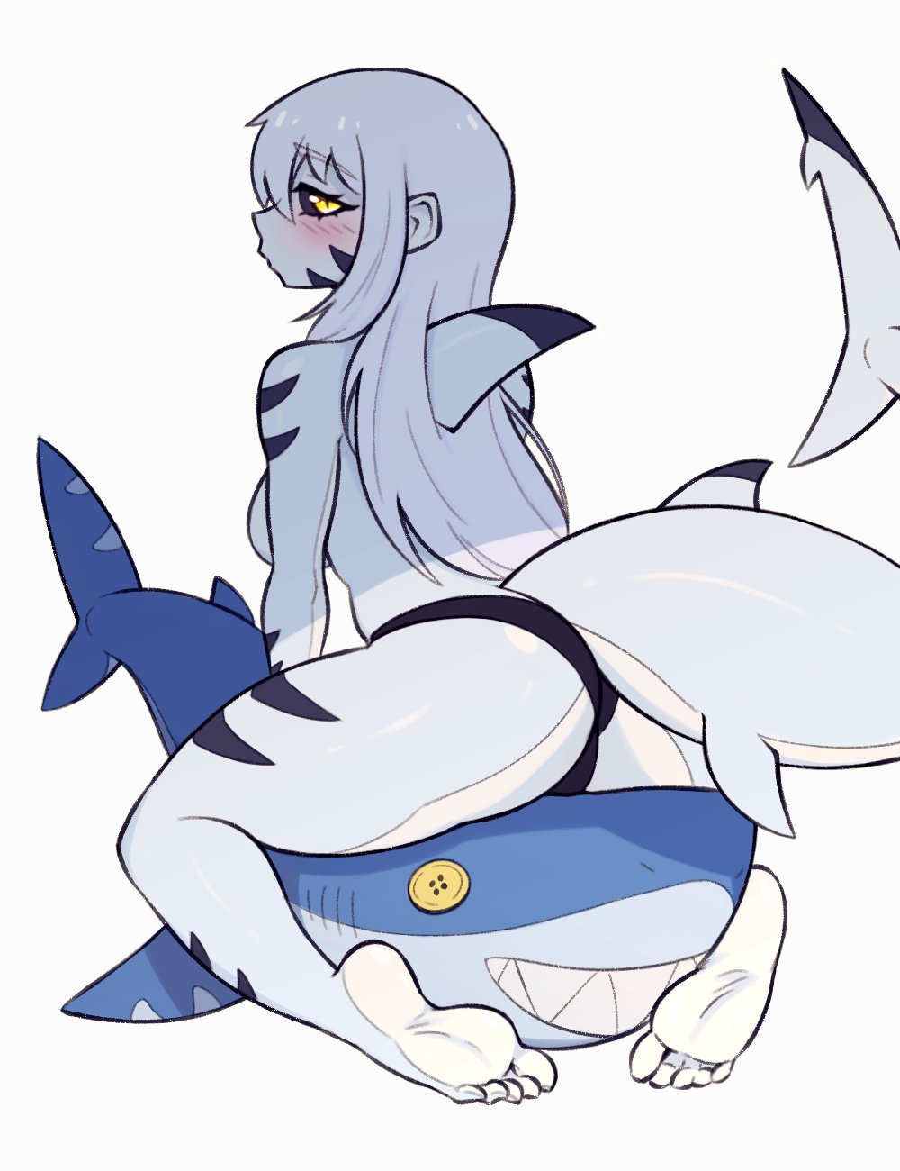 2024, anthro, ass, bikini, black bikini, black sclera, blahaj, blush, breasts, carpinchor, feet, female, from behind, long hair, looking at viewer, looking back, marine, mora (carpinchor), original, shark girl, sideboob, straddling, tagme, thick thighs, thighs, topless, white hair, yellow eyes