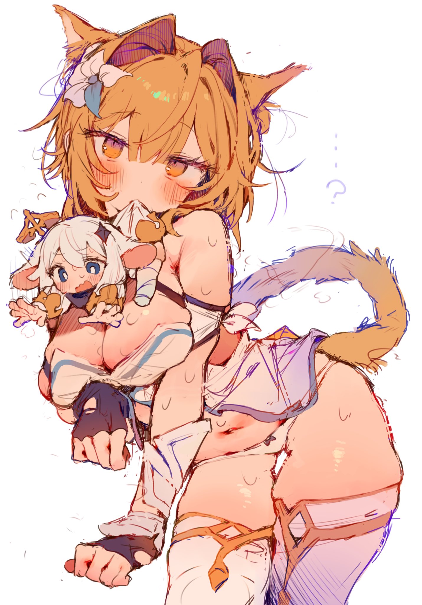 ?, 2girls, artist revision, blue eyes, blush, breasts, cat ears, cat girl, cat tail, catgirl, cleavage, female, female only, fingerless gloves, flower in hair, genshin impact, hair between eyes, hi res, large breasts, looking at viewer, lumine (genshin impact), mouse ears, mouse girl, navel, orange eyes, orange hair, otintin, paimon (genshin impact), partially clothed, sweat, sweatdrop, thighhighs, thighs, white background, white hair, white legwear, white panties, wide hips