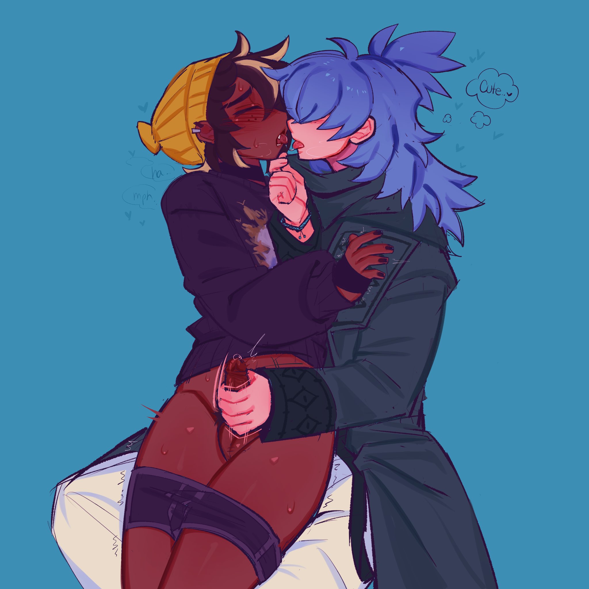 2boys, beanie, blue hair, blush, blushing, boxer briefs, chocolate and vanilla, crossdressing, dark skin, dark-skinned femboy, dark-skinned male, dark-skinned sissy, dark-skinned sub, dark-skinned twink, dominant male, femboy, femboysub, flustered, fortnite, gay, handjob, holding chin, human on human, interracial, kissing, light-skin, light-skinned male, long hair, long hair male, male, nervous, nezumi (fortnite), remi (fortnite), sitting on lap, sleepy esc, submissive male, sweater, twink, underwear, underwear down