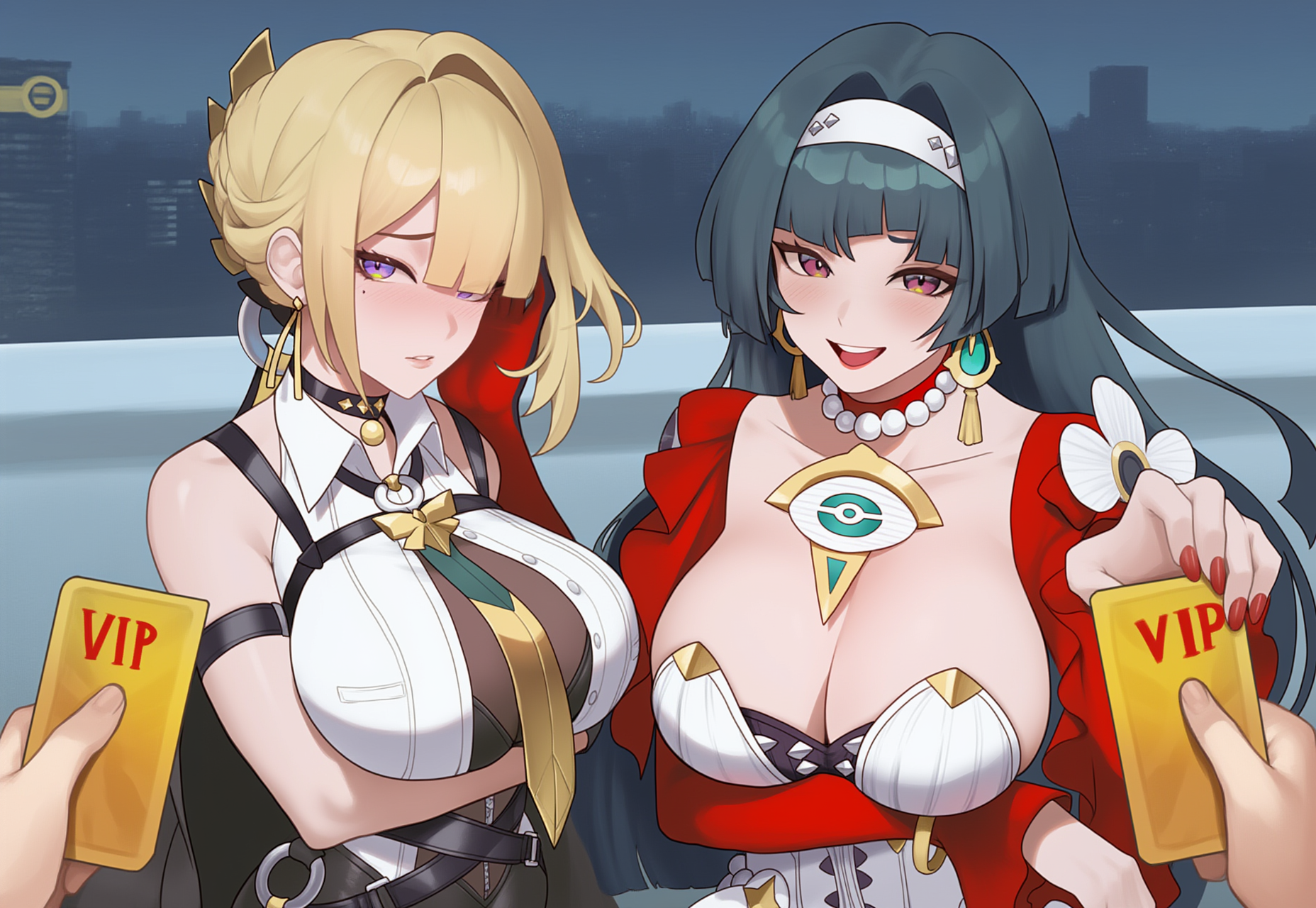 2boys, 2girls, ai generated, astra yao, before sex, black hair, blonde hair, blush, breasts, cleavage, evelyn chevalier, female, idol, large breasts, male, outdoors, pov, tittyg-ai, zenless zone zero