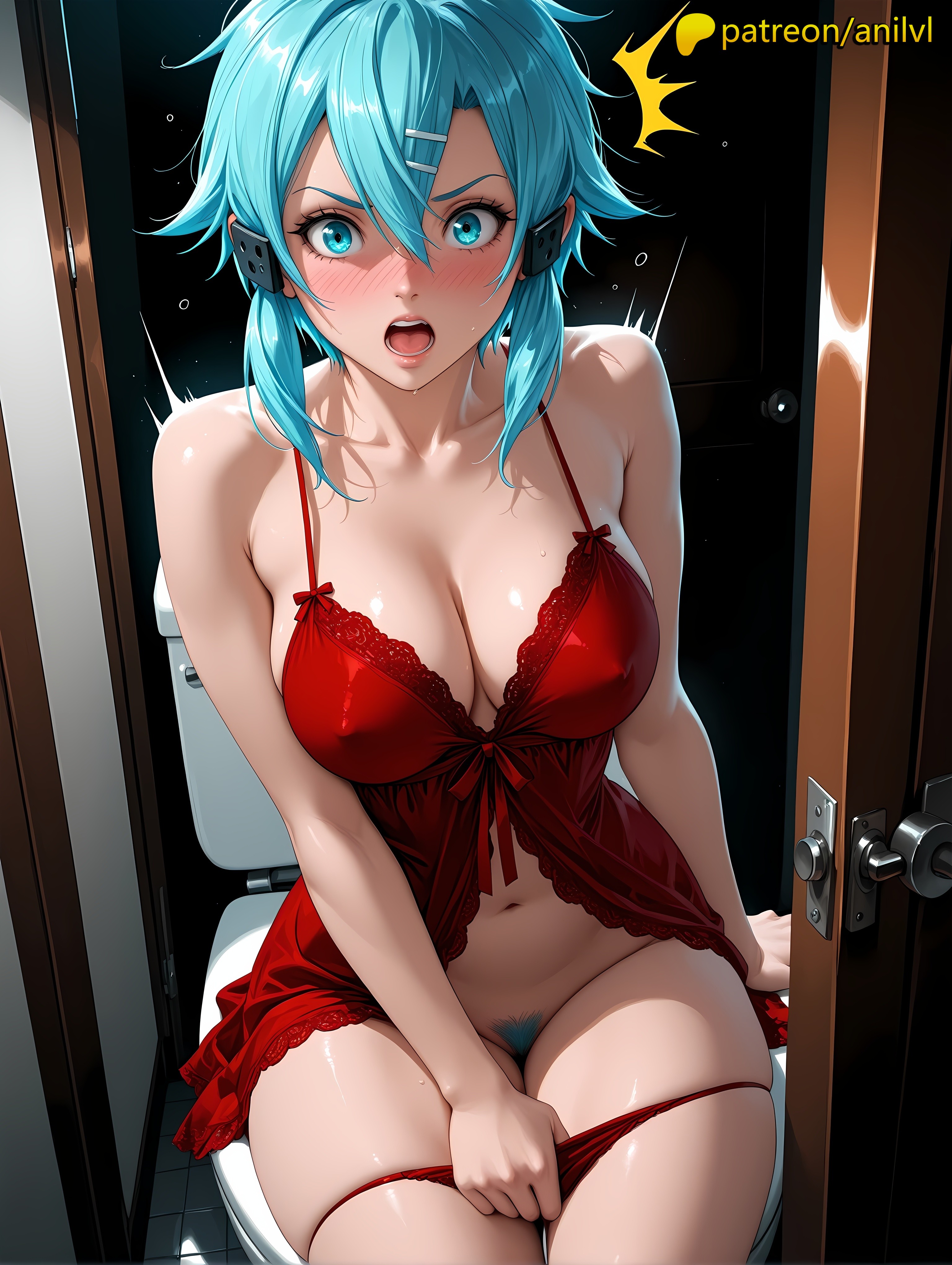 1girls, 2025, ai generated, anilvl, anime, anime girl, anime style, aqua eyes, aqua hair, artist name, asada shino, babydoll, big breasts, big chest, blush, breasts, bust, busty, chest, cleavage, collarbone, covered nipples, female, female pubic hair, gun gale online, hair between eyes, hair ornament, hairclip, hi res, high quality, high resolution, highres, large breasts, looking at viewer, navel, open mouth, panties, panty pull, patreon, patreon username, pubic hair, short hair, sinon, sitting, solo, stable diffusion, sword art online, underwear, watermark
