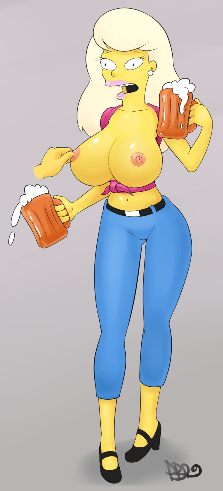 1girls beer big_breasts bimbo black_eyes blonde_hair breasts duff_beer female nipples open_mouth open_shirt pbrown solo the_simpsons titania_(the_simpsons)