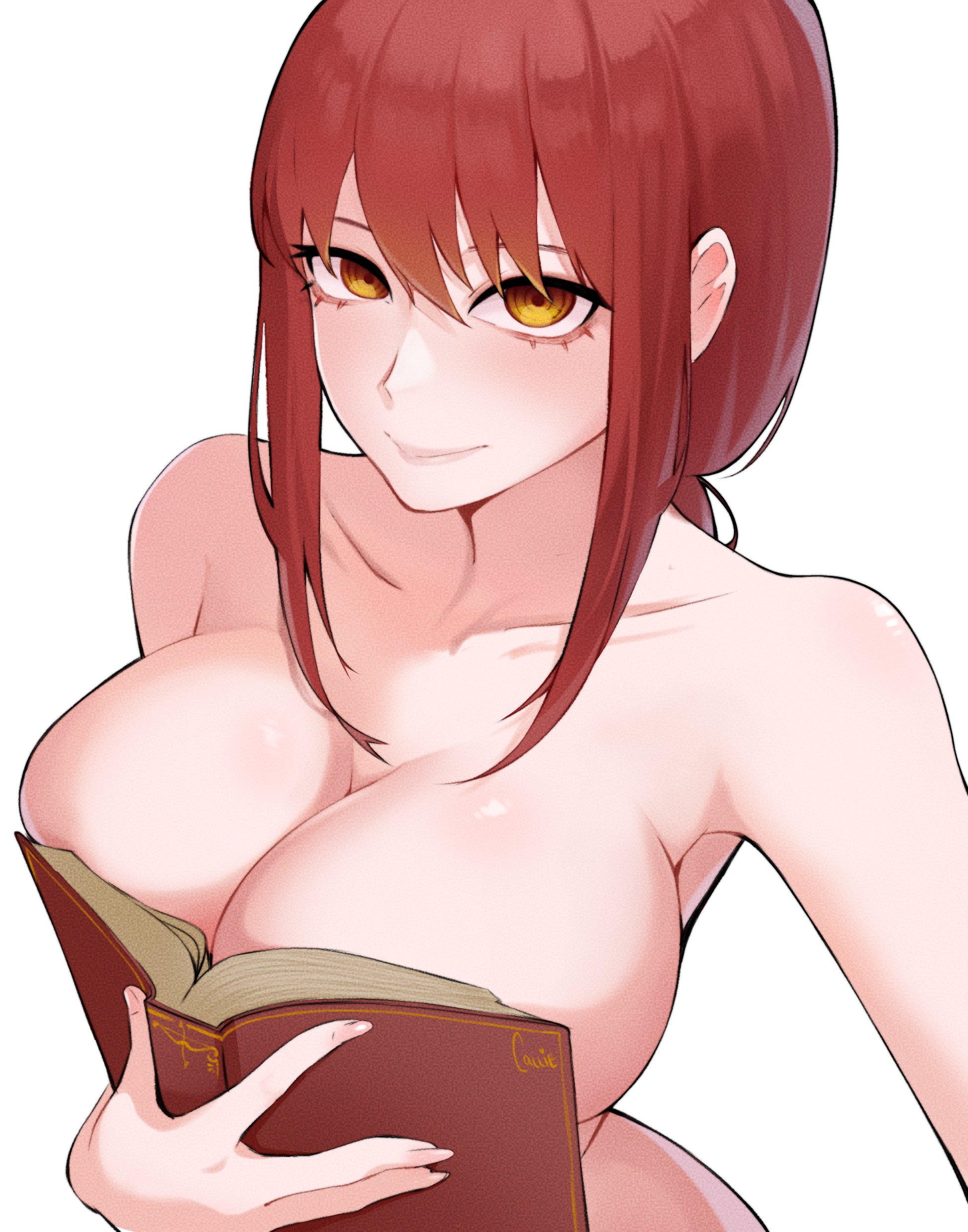 1girls, book, breasts, chainsaw man, covering breasts, demon, demon girl, female, holding object, light skin, light-skinned female, long hair, makima (chainsaw man), meloncallie11, nude, nude female, ouch meme, ponytail, red hair, solo, solo female, yellow eyes
