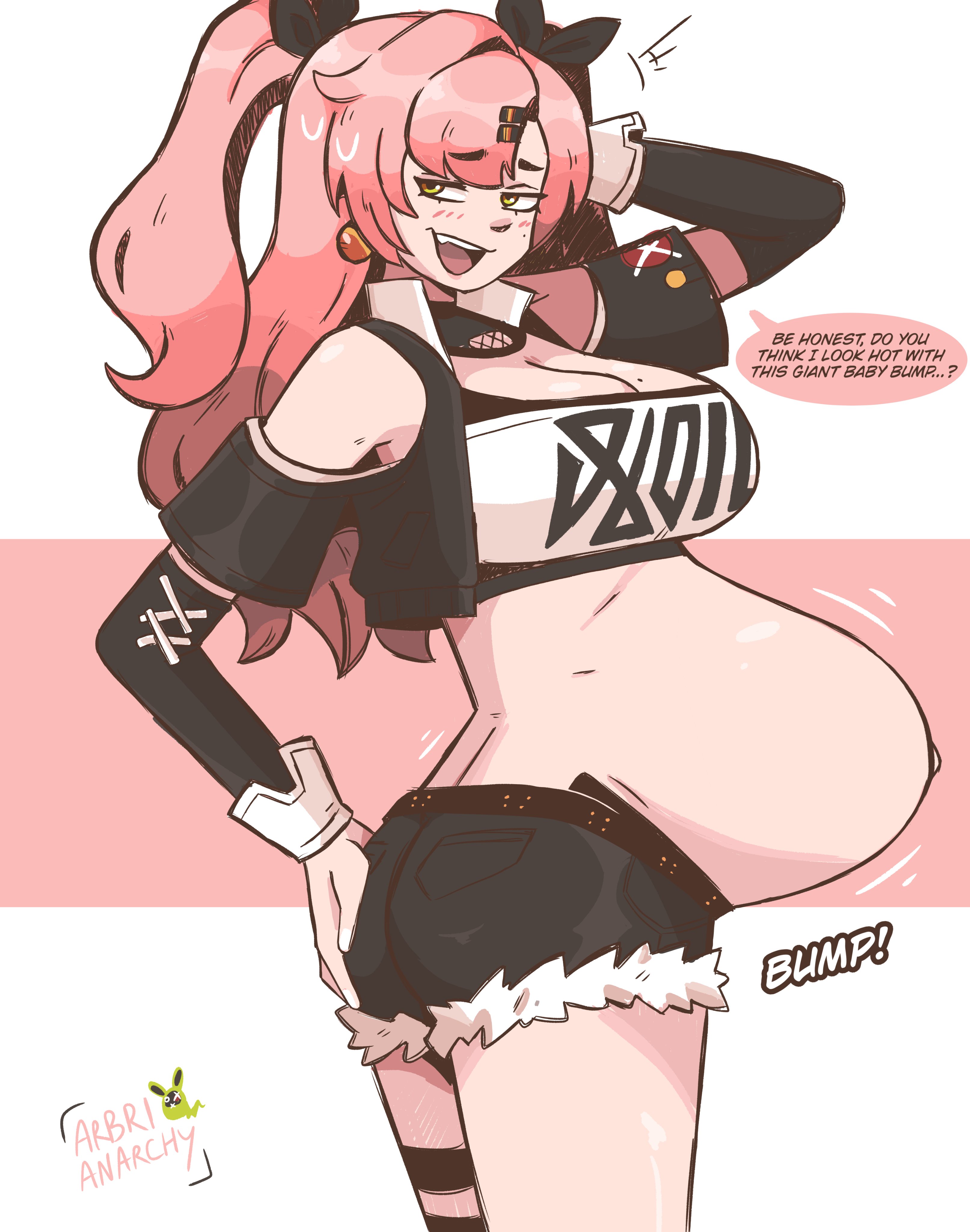 arbrianarchy, cunning hares, denim, denim shorts, english text, female, green eyes, green-eyed female, nicole demara, pink hait, pink-haired female, pregnant, pregnant female, sole female, super belly, tagme, twintails, zenless zone zero