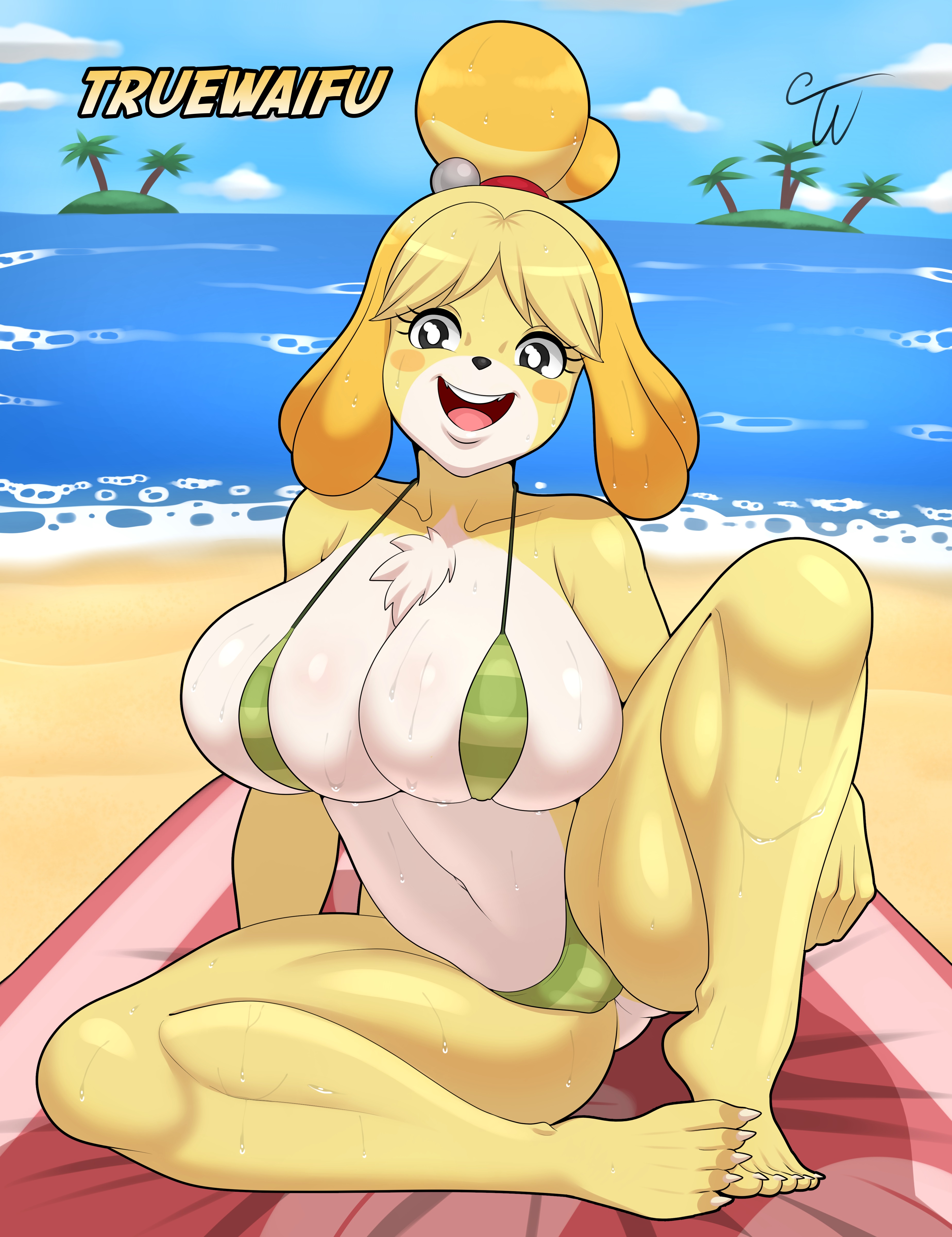 absurd res, animal crossing, anthro, big breasts, bikini, breasts, canid, canine, canis, clothing, domestic dog, female, hi res, isabelle (animal crossing), mammal, nintendo, shih tzu, sitting, solo, swimwear, toy dog, truewaifu, two-piece swimsuit