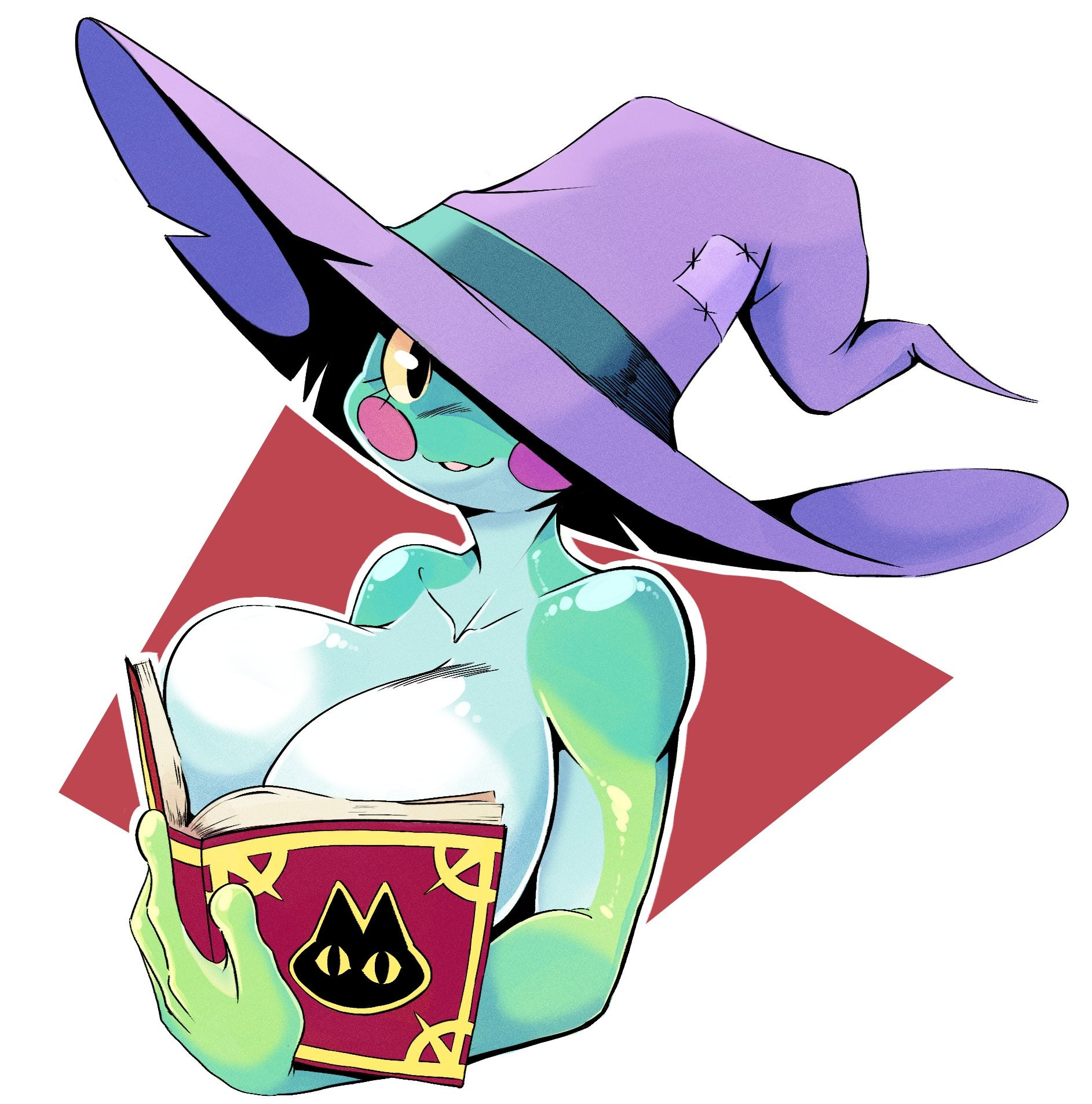 2025, amphibian, anthro, bedroom eyes, big breasts, big hands, biped, blep, book, book and boob, book cover, book covering breasts, breast squish, breasts, cheek markings, cheek spots, cleavage, cleavage overflow, clothed, clothing, colored, convenient censorship, countershade face, countershade torso, countershading, cover, detailed, digital drawing, digital media, eyelashes, facial markings, female, fingers, frog, green body, grefina (noirchaton4), hat, hat over eyes, head markings, headgear, headwear, hi res, holding object, huge breasts, lines on body, looking at viewer, magic user, markings, meme, multicolored body, narrowed eyes, neckline, noirchaton4, non-mammal breasts, nude, open mouth, ouch meme, outline, portrait, purple clothing, purple hat, purple headwear, red cheekdots, red cheeks, seductive, shaded, simple background, smile, smiling at viewer, smooth skin, smug, solo, spellbook, squish, standing, throat, tongue, tongue out, torso, tree frog, upper body, white background, white body, witch, witch hat, worn hat, yellow eyes