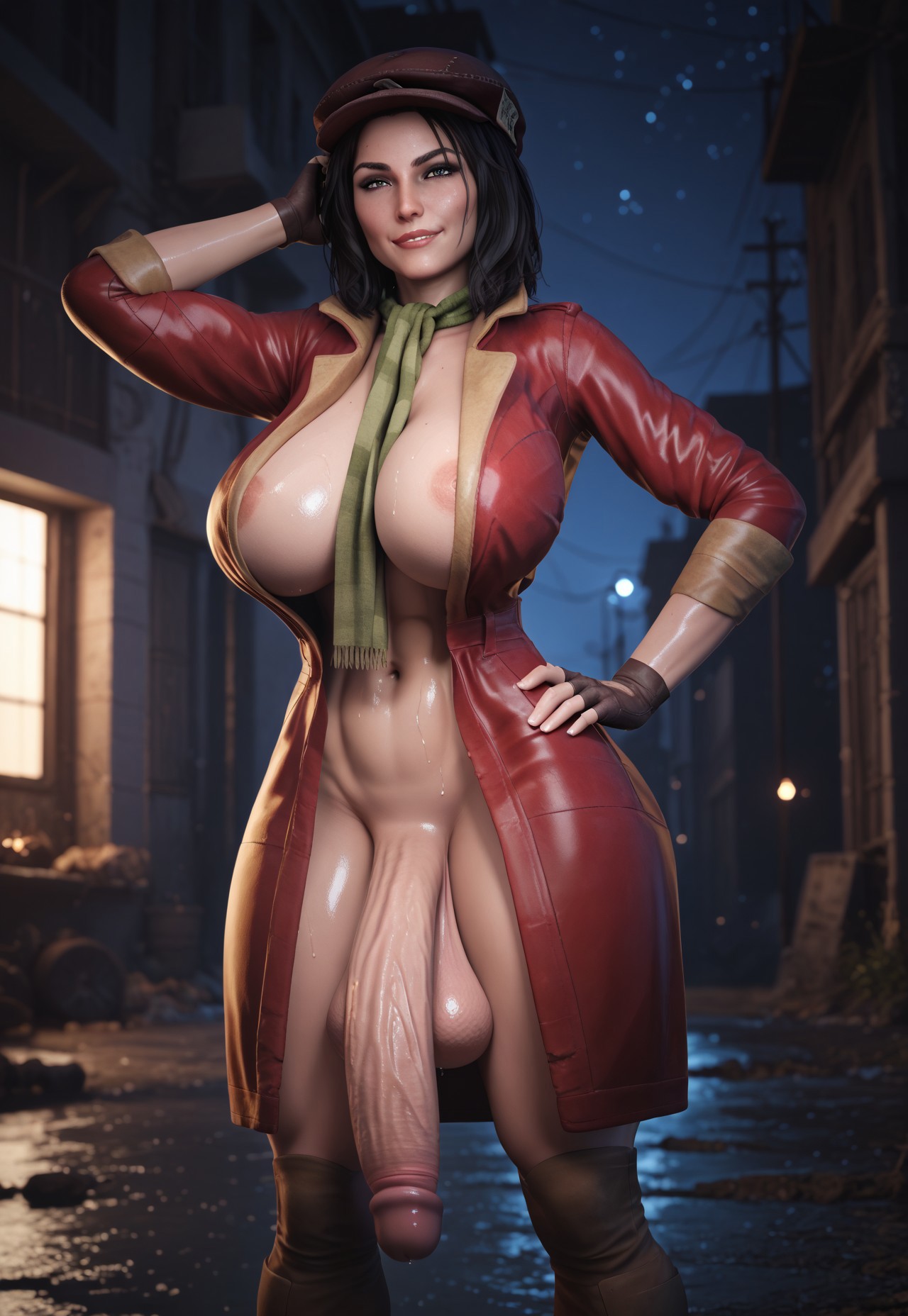 1futa, 3d, abs, ai generated, areola slip, areolae, balls, bethesda game studios, big balls, big breasts, big penis, black hair, breasts, cabbie hat, civitai, fallout, fallout 4, fingerless gloves, flaccid, futa only, futanari, futazealot, hand on hip, huge cock, intersex, light skin, light-skinned futa, long penis, medium hair, nipple slip, nipples, open clothes, open topwear, penis, piper wright, revealing clothes, scarf, shiny skin, smirk, solo, testicles, veiny penis, wide hips