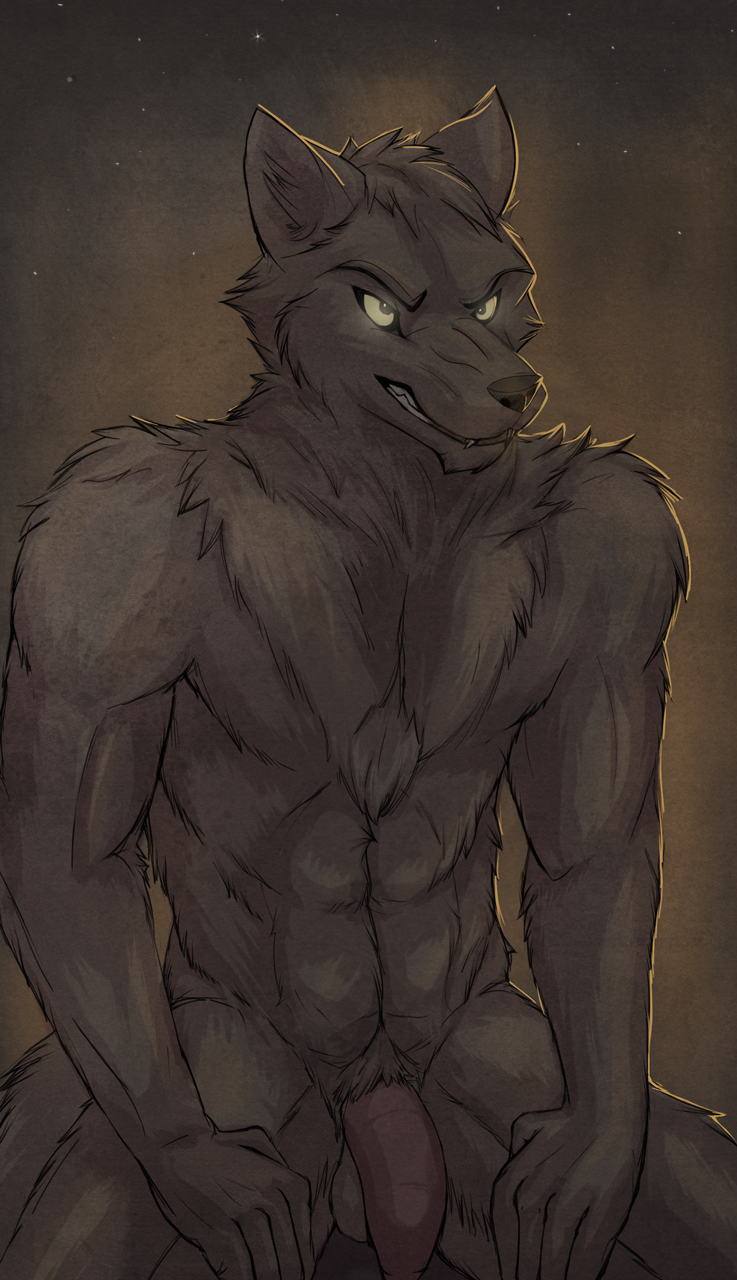 2013 abs angry anthro azur black_fur black_nose canine evil_grin flaccid fur grin male male_only muscles penis sitting smile snarling solo teeth werewolf wolf