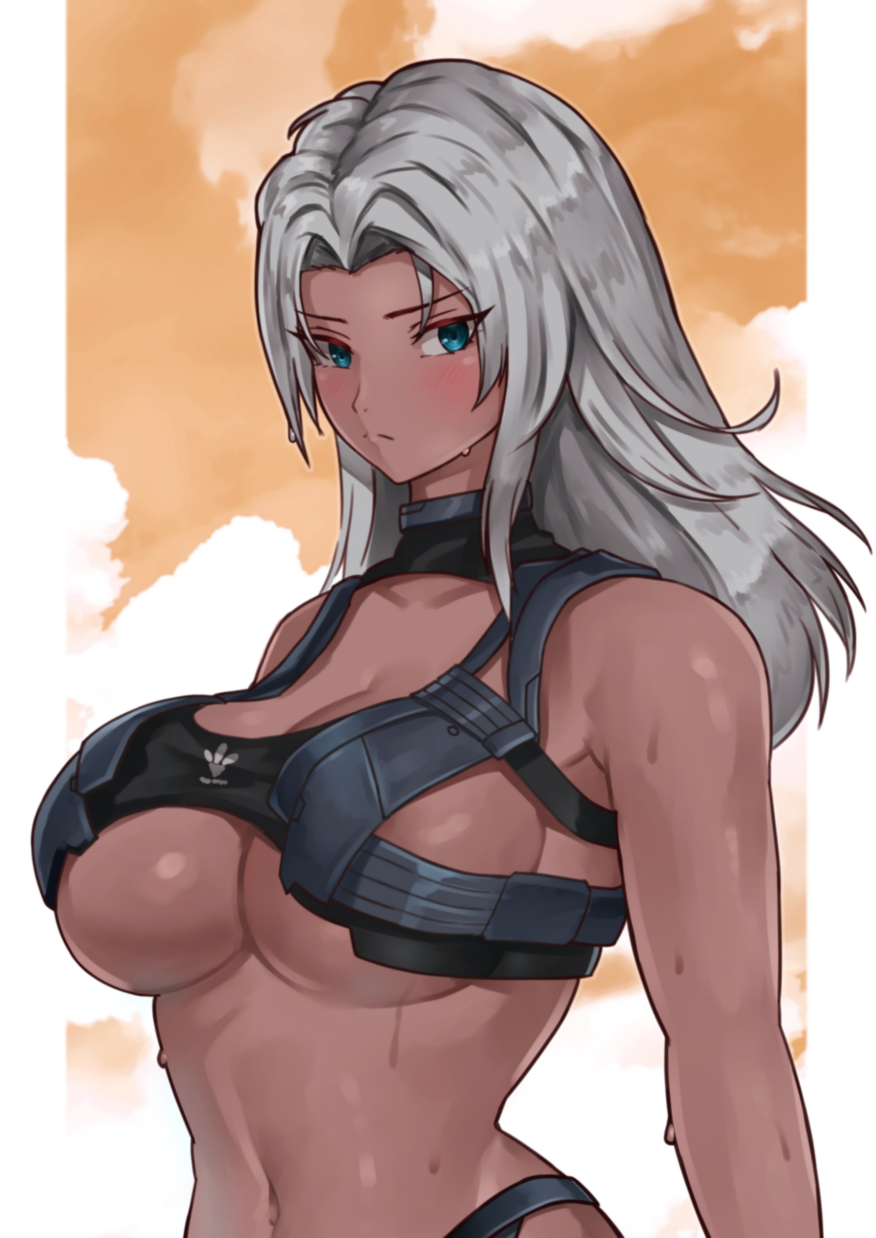1girls, black bra, blush, breasts, dark skin, dark-skinned female, elma (xenoblade x), female, hourglass figure, large breasts, oniisan02b, white hair, xenoblade (series), xenoblade chronicles x, yotsuhauni