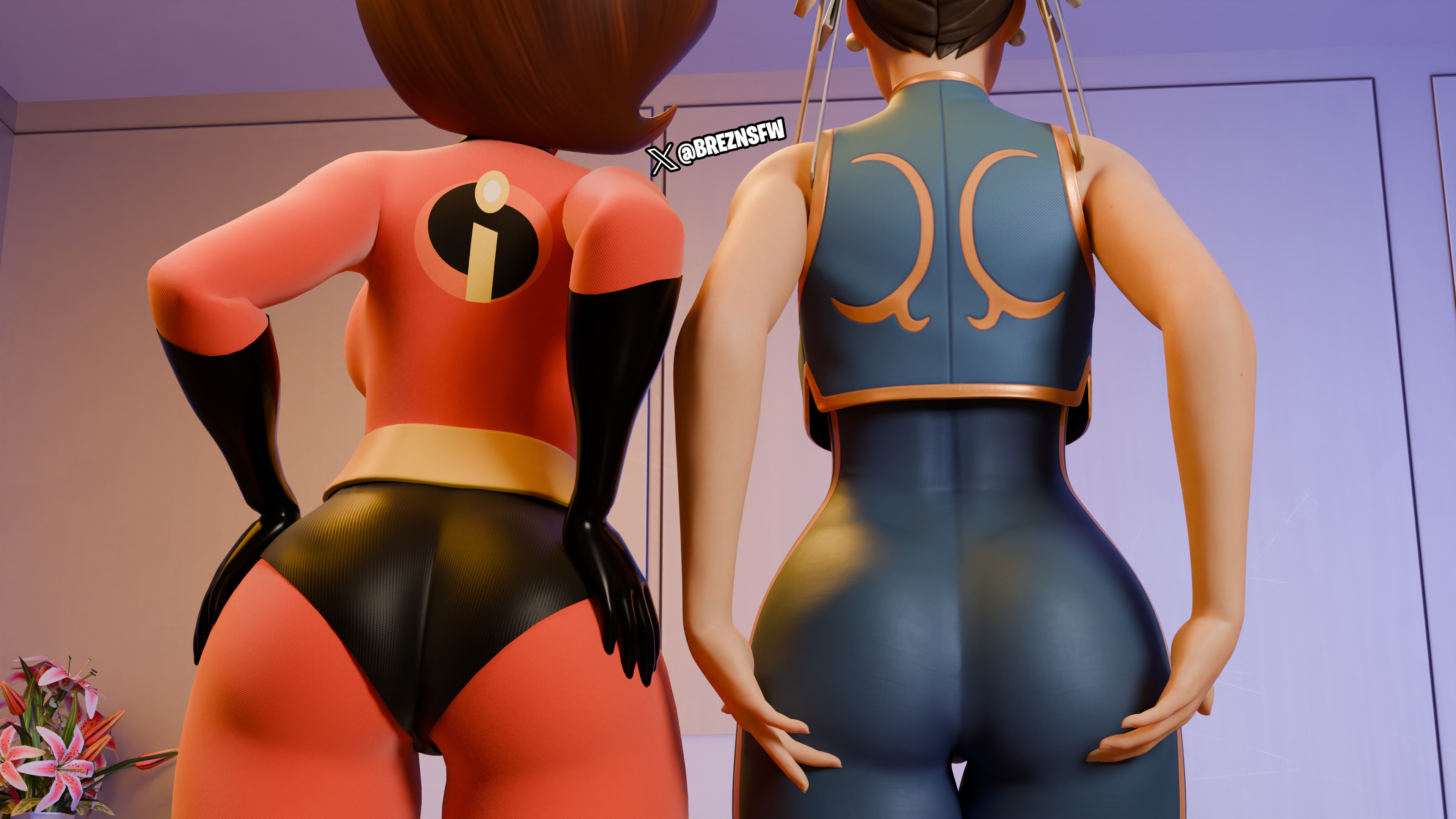 2girls, 3d, ass, ass focus, big ass, breznsfw, chun-li, chun-li (fortnite), crossover, disney, eastern and western character, elastigirl, female, female only, fortnite, helen parr, pixar, standing, street fighter, the incredibles