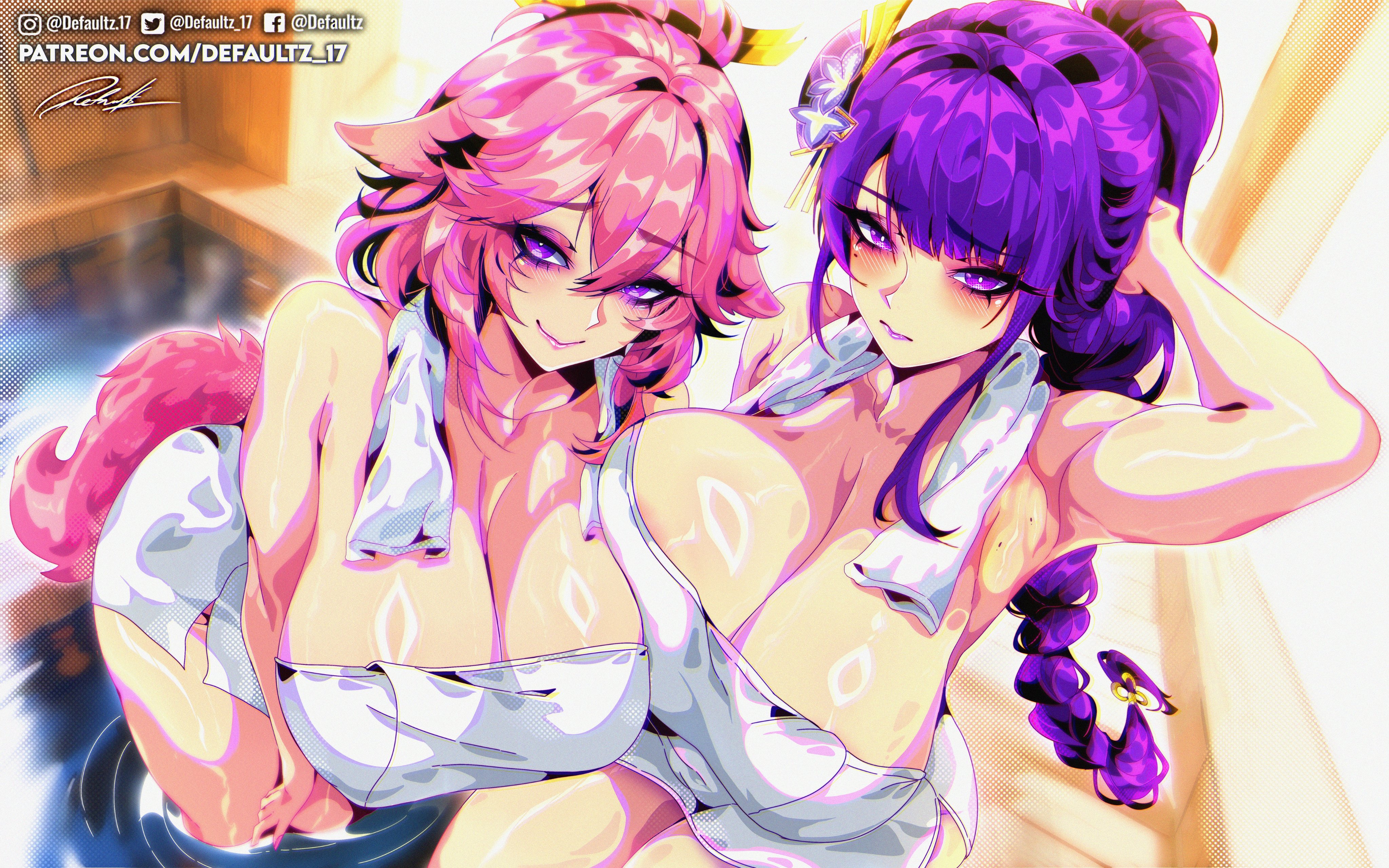 2d, 2girls, absurd res, bath, bathing, breasts, cleavage, defaultz 17, female, female focus, female only, genshin impact, hi res, huge breasts, large breasts, light skin, light-skinned female, looking at viewer, raiden shogun, shiny skin, thighs, towel, towel only, water, yae miko