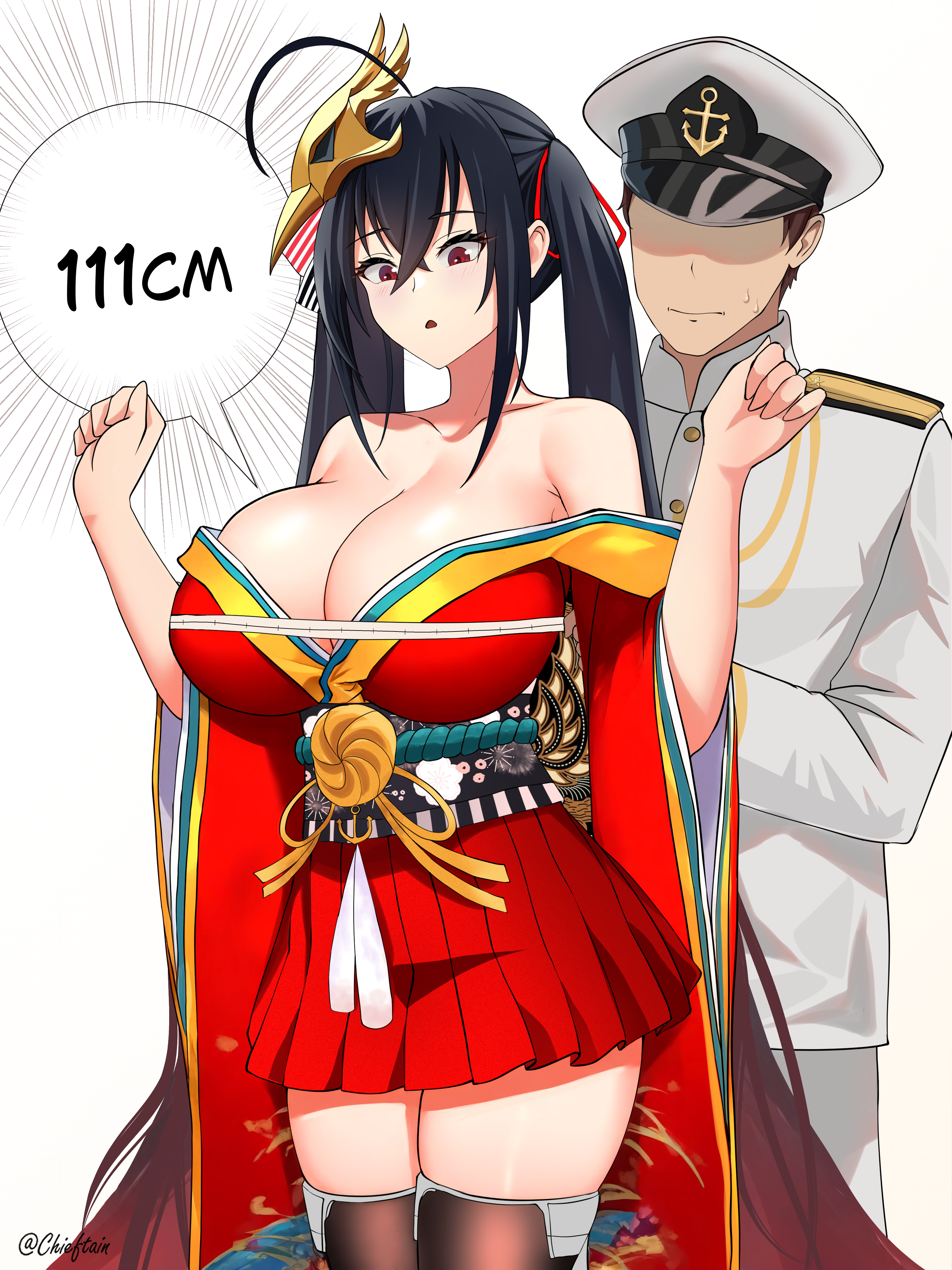 1boy, 1girls, absurdres, ahoge, aiguillette, artist name, azur lane, bare shoulders, black hair, black thighhighs, blush, breast measuring, breast size, breasts, brown hair, bust measuring, chieftain art13, cleavage, closed mouth, collarbone, commander (azur lane), cowboy shot, crossed bangs, faceless, faceless male, female, hair between eyes, hands up, hat, highres, huge ahoge, huge breasts, jacket, japanese clothes, kimono, light skin, light-skinned female, light-skinned male, long hair, long sleeves, looking down, mask, mask on head, measuring, military hat, military uniform, naval uniform, obi, off shoulder, pants, peaked cap, red eyes, red kimono, red ribbon, ribbon, sakura empire (azur lane), sash, short hair, sidelocks, simple background, skindentation, standing, taihou (azur lane), tape measure, text, thighhighs, twintails, very long hair, white background, white hat, white jacket, white pants, wide sleeves, zettai ryouiki