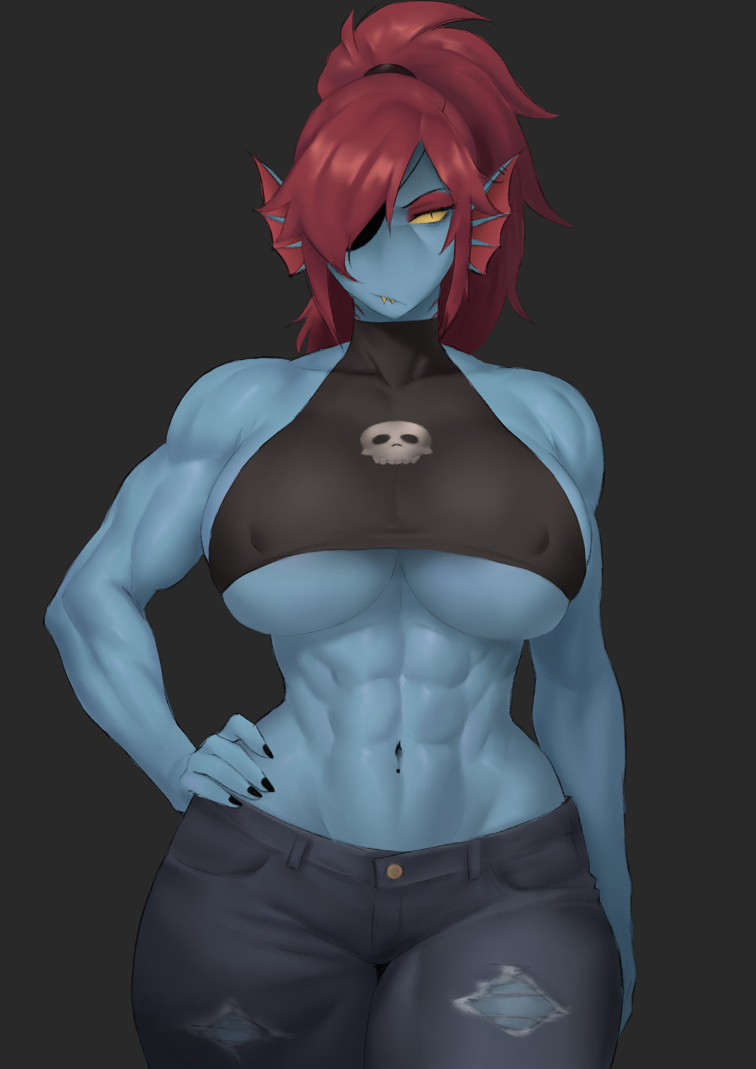2d, 2d (artwork), 2d artwork, black nails, blue skin, deltarune, eyepatch, fish, fish humanoid, hair over one eye, humanoid monster, long hair, looking at viewer, meruzis, muscular, muscular abs, muscular arms, muscular female, nipples visible through clothing, ponytail, red hair, serious face, simple background, undertale, undertale (series), undyne, yellow sclera