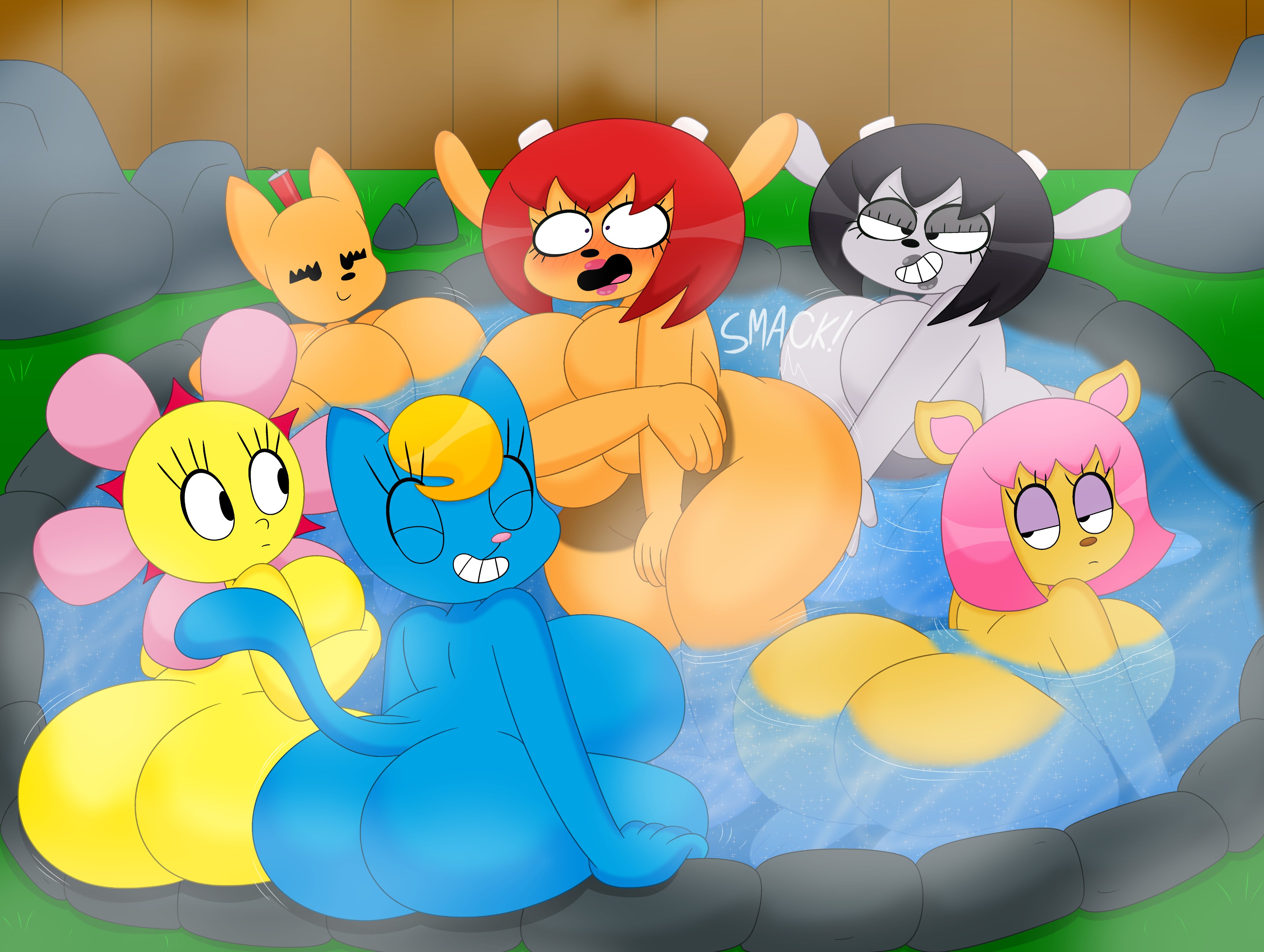 3barts, 6girls, anthro, bald, bedroom eyes, black hair, blonde female, blue fur, cat ears, cat tail, detailed background, flower, fox, fur, furry, grass, grey skin, hiding, hiding breasts, huge ass, huge breasts, katy kat, lamb, lammy lamb, lipstick, ma-san, mouse, no bra, no nipples visible, no panties, nude, onomatopoeia, orange fur, parappa the rapper, paula fox, pink hair, playstation, rammy lamb, red hair, rock, shocked, smacking ass, spa, spa day, spanking, sunny funny, teasing, text, um jammer lammy, water, yuri