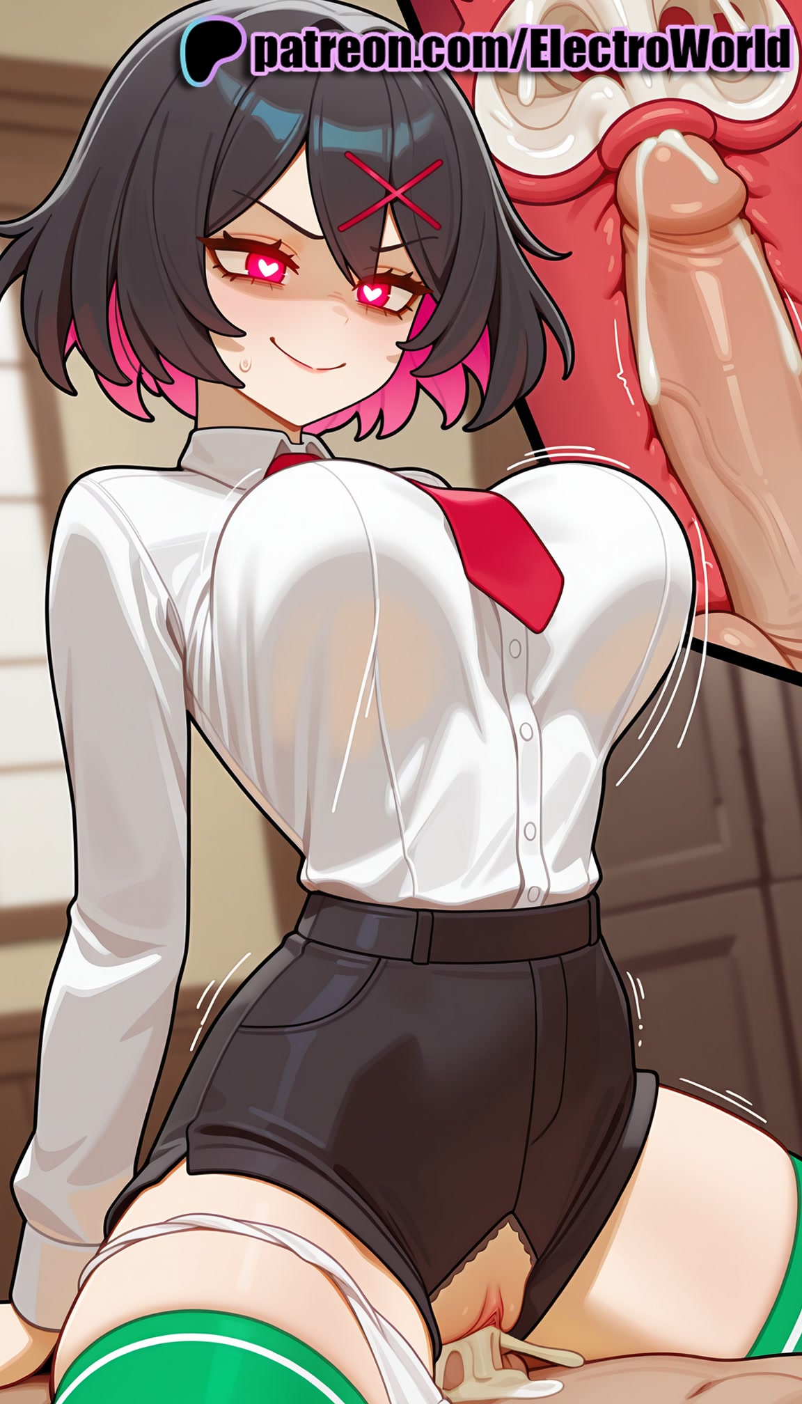 1boy, 1girls, 2025, ai generated, artist name, bar censor, big breasts, big chest, black hair, breasts, bust, busty, cervix, chest, clitoral hood, clothed sex, cock, cowgirl position, cross section, cum, cum in pussy, deep penetration, dick, ejaculation, electroworld, exposed pussy, female, fucking, green legwear, green panties, hair ornament, heart, hi res, high quality, high resolution, highres, intercourse, internal cumshot, juicy pussy, large breasts, legs apart, legs spread, love making, misako (kunio-kun), motion lines, open legs, panties, patreon, patreon username, penetration, penis, pussy, riding, river city girls, sex, sexual intercourse, shirt, shorts, smile, solo focus, splayed legs, spread legs, stable diffusion, straddling, straight, striped, symbol-shaped pupils, thighhighs, tight pussy, trembling, uncensored, underwear, uterus, vagina, vaginal penetration, watermark, white shirt, woman on top, x-ray