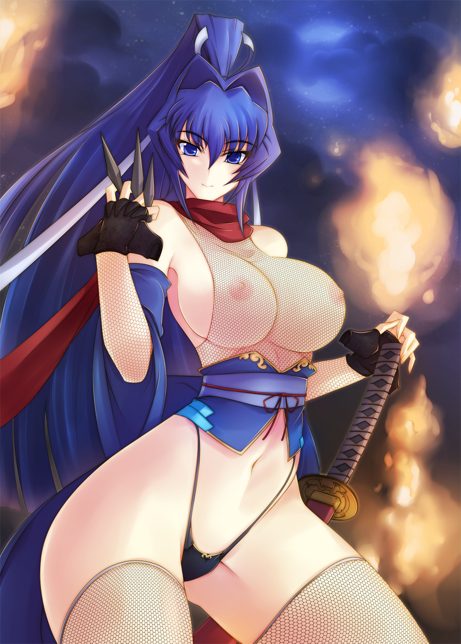 bare_shoulders blue_eyes blue_hair breasts erect_nipples female fingerless_gloves fishnet_legwear fishnets gloves haganef highres huge_breasts katana long_hair mitsurugi_meiya muv-luv muv-luv_alternative navel nipples see-through shuriken smile solo sword thong very_long_hair weapon