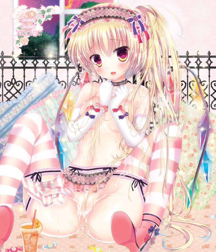 blonde_hair blush cute_fang elbow_gloves female flandre_scarlet frills gloves hairband panties pekopokox red_eyes side_ponytail solo striped striped_legwear touhou underwear underwear_only wet wet_panties wings