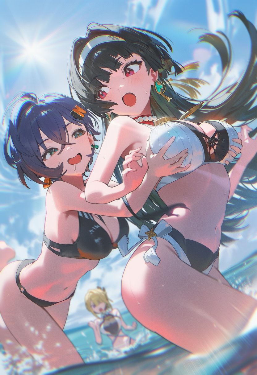 3girls, ai generated, astra yao, bangs, bare shoulders, belle (zenless zone zero), bikini, black bikini, black hair, blonde hair, blue hair, blue sky, blurry, blurry background, blurry foreground, blush, breast grab, breasts, cleavage, cloud, crossed bangs, day, depth of field, drooling, earrings, evelyn chevalier, eyebrows visible through hair, grabbing, grabbing another's breast, grabbing from behind, green eyes, groping, hair ornament, hairband, hoop earrings, jewelry, large breasts, long hair, looking at another, looking at viewer, motion blur, mouth drool, multiple girls, navel, ocean, open mouth, outdoors, red eyes, short hair, shuraillusts, sky, smile, stomach, swimsuit, wading, water, white bikini, white hairband, yuri, zenless zone zero