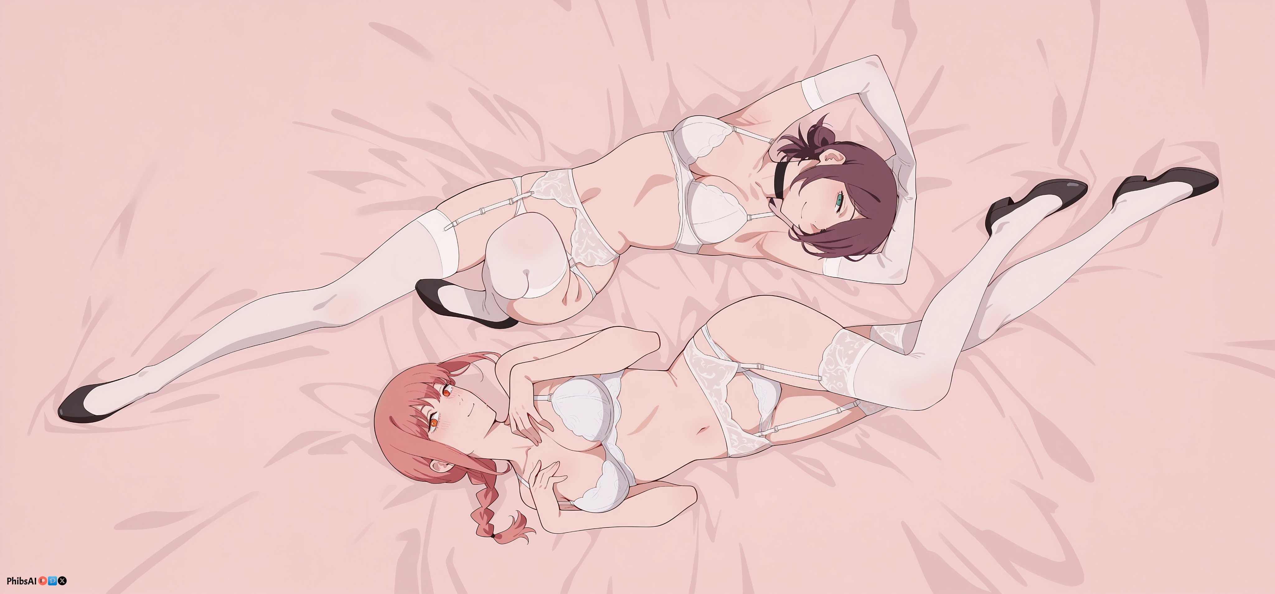 2girls, ai generated, armpits, bangs, bed sheet, bow, bra, braid, breasts, brown hair, chainsaw man, choker, cleavage, collarbone, elbow gloves, full body, garter belt, gloves, high heels, long hair, looking at viewer, lying, makima (chainsaw man), medium breasts, multiple girls, navel, on back, on side, panties, phibsai, red hair, reze (chainsaw man), shoes, short hair, smile, thighhighs, twitter username, underwear, underwear only, white bra, white footwear, white legwear, white panties, yellow eyes