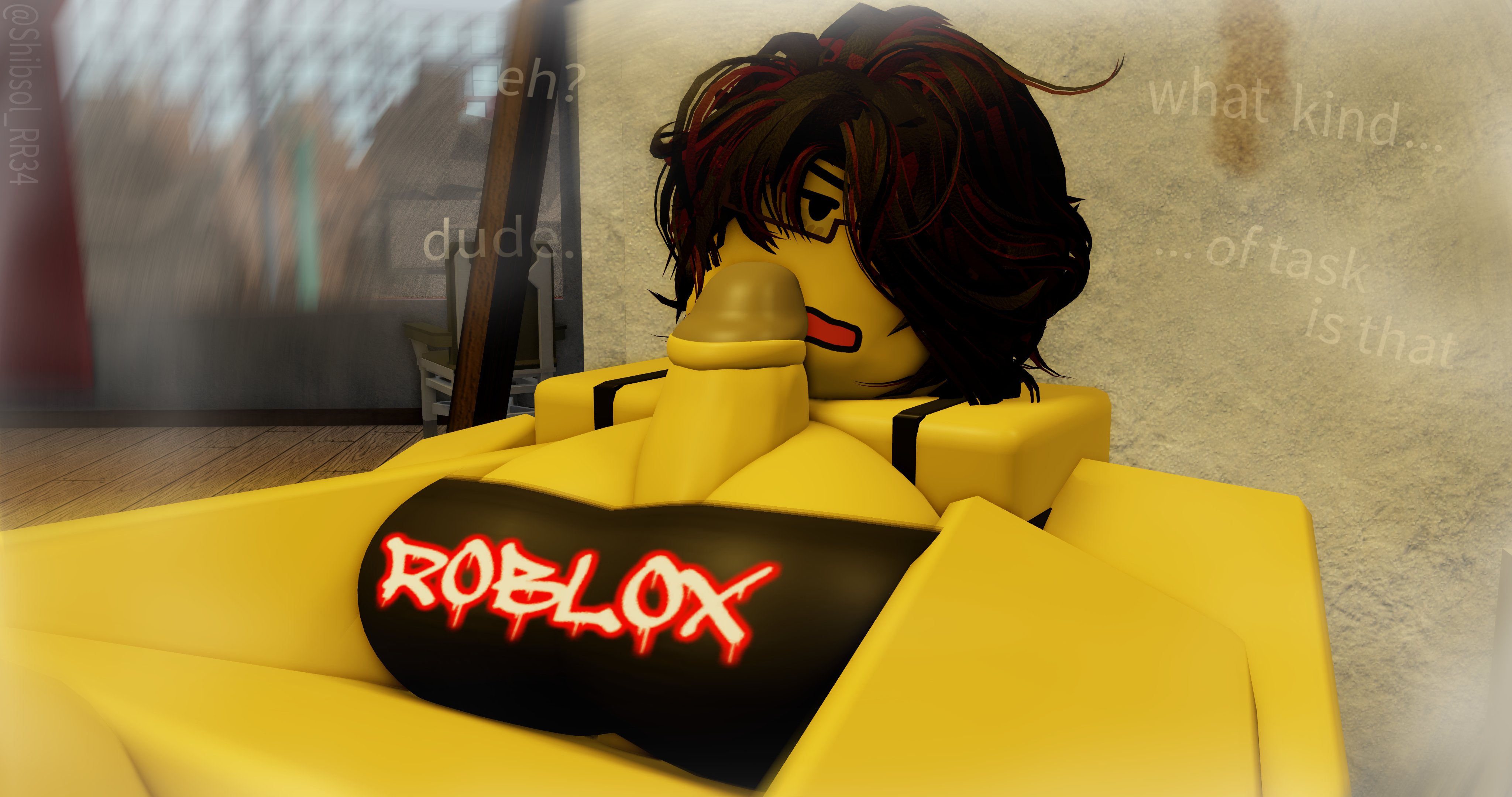 1girls, 3d, anthro, anzhela zakharova, big breasts, big penis, blood debt, breasts, clothing, english text, glasses, paizuri, paizuri under clothes, roblox, roblox game, robloxian, shibsol rr34, short hair, tagme, text, yellow skin