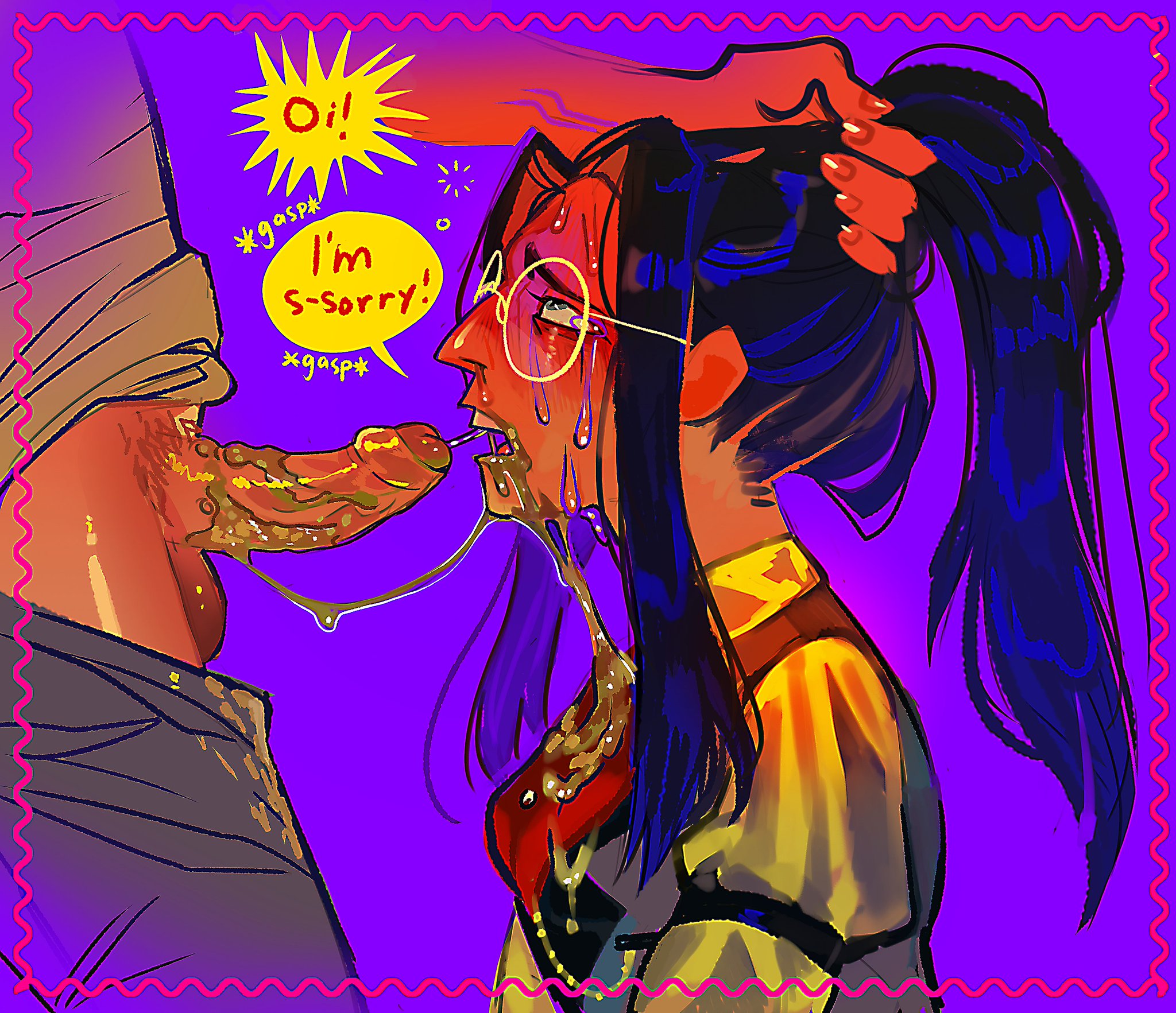 dubious consent, fellatio, gay, gay blowjob, hazbin hotel, irrumatio, neon, neon colors, neon lighting, pendleton (hazbin hotel), qwic4gexxx, sir pentious (hazbin hotel), sir pentious (human form), vomit, vomit on cock, yaoi
