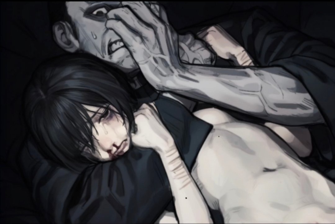 black hair, blood on face, bloody nose, catholic, crying, crying with eyes open, fatherlasher, grey skin, krautvan, older male, older male and younger female, priest, self harm, self harm fetish, self harm scars, smaller female, tears, vankraut, veiny muscles, young female