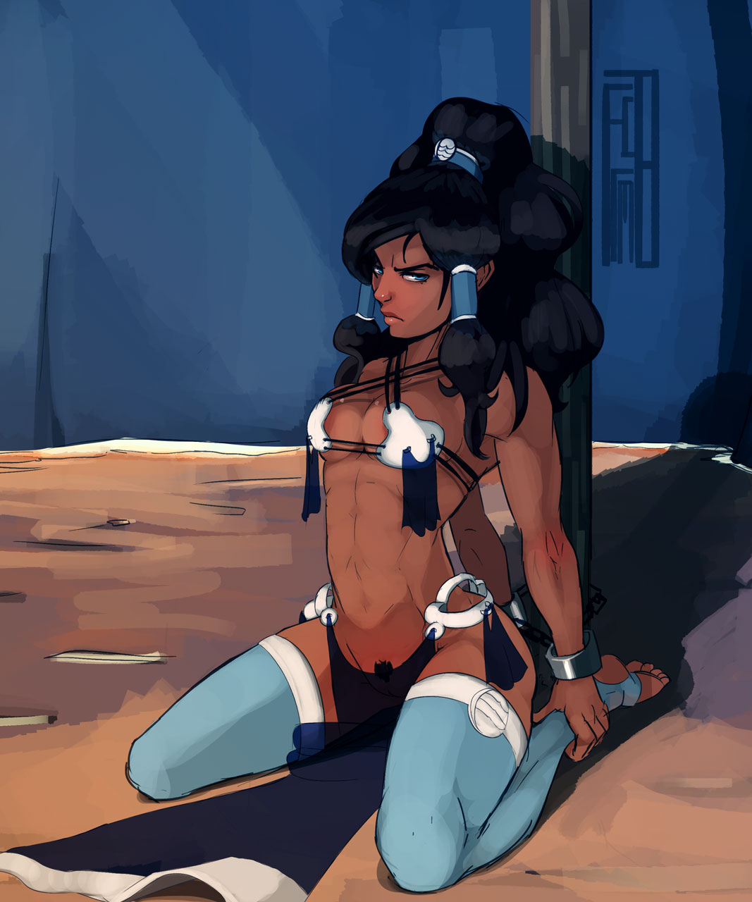 1girls, abs, angry, avatar legends, black hair, blue eyes, bondage, bra, breasts, chained, chains, cleavage, clothing, dark skin, dark-skinned female, female, female only, female protagonist, femsub, handcuffs, human, kneeling, korra, loincloth, medium breasts, muscular, muscular female, muscular sub, nickelodeon, no panties, polyle, ponytail, pubic hair, see-through, see-through clothing, sheer, slave, small breasts, solo, stirrup legwear, stockings, straight hair, the avatar, the legend of korra, thighhighs, tied hair, toeless legwear, water tribe